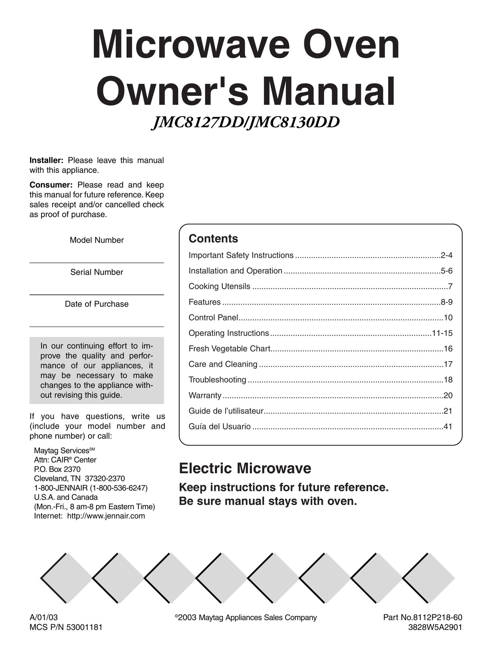 Maytag JMC8130DD Microwave Oven User Manual