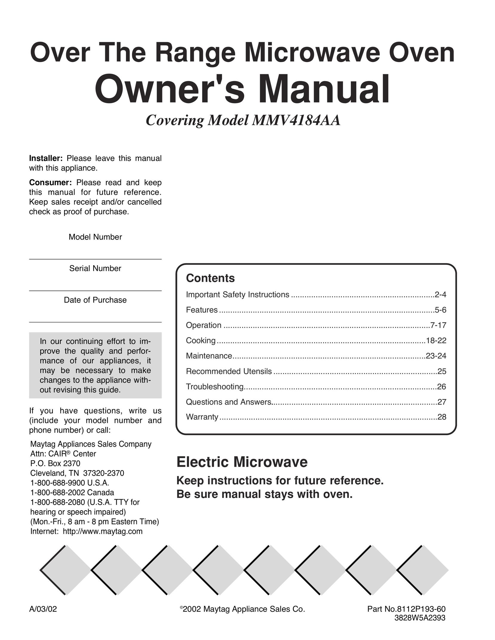 Maytag MMV4184AA Microwave Oven User Manual