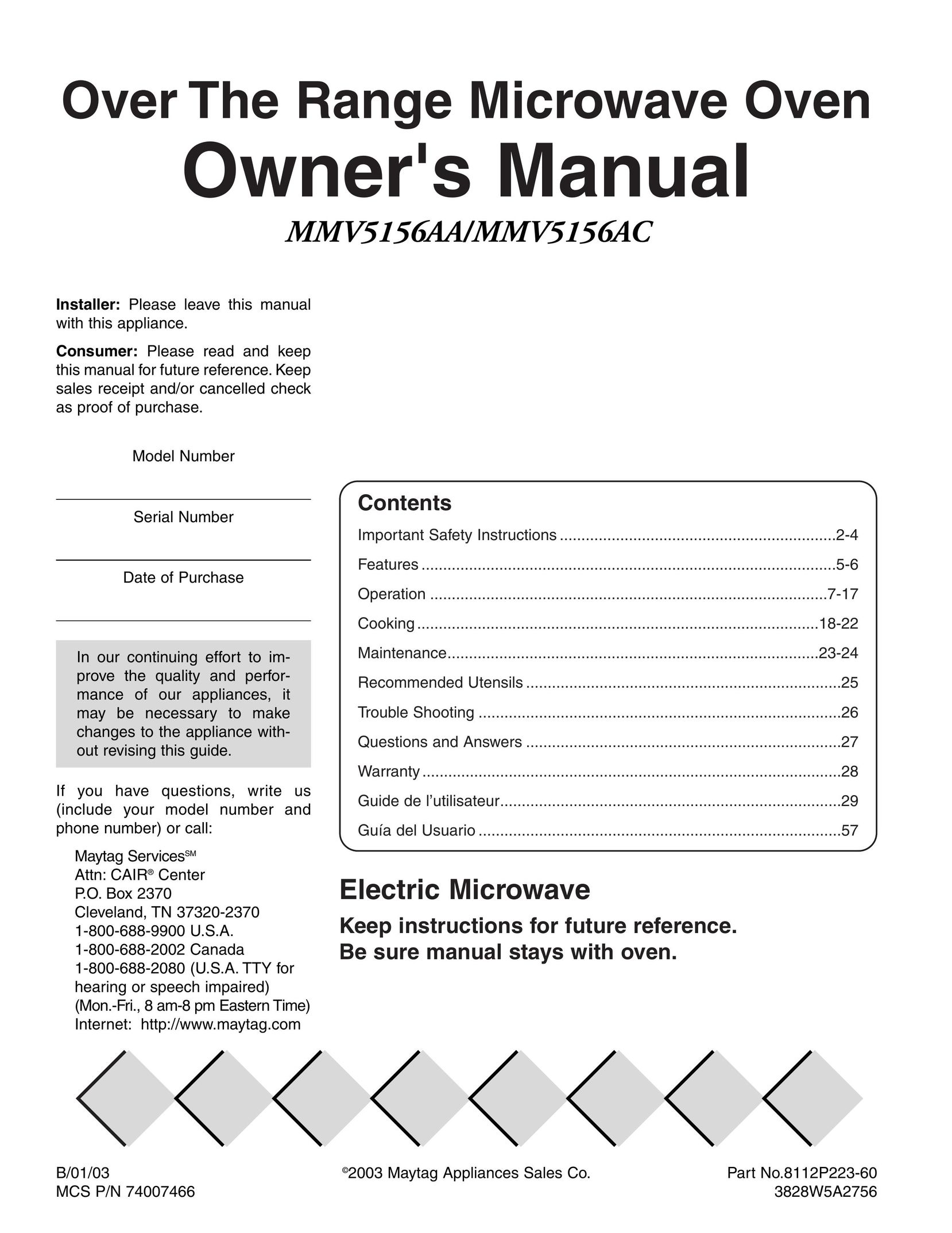 Maytag MMV51566AA/MMV5156AC Microwave Oven User Manual