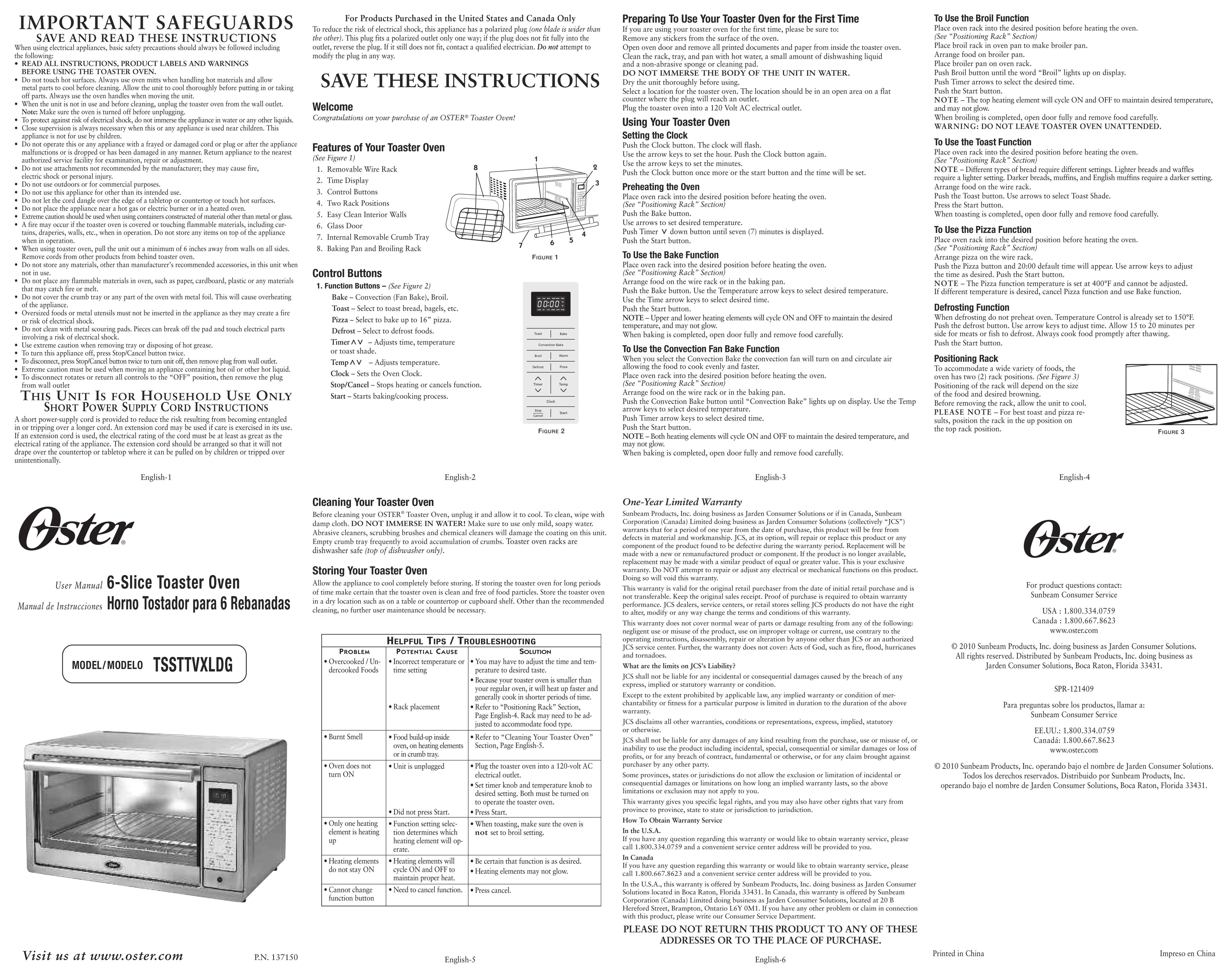 Oster Oster 6-Slice Toaster Oven Microwave Oven User Manual