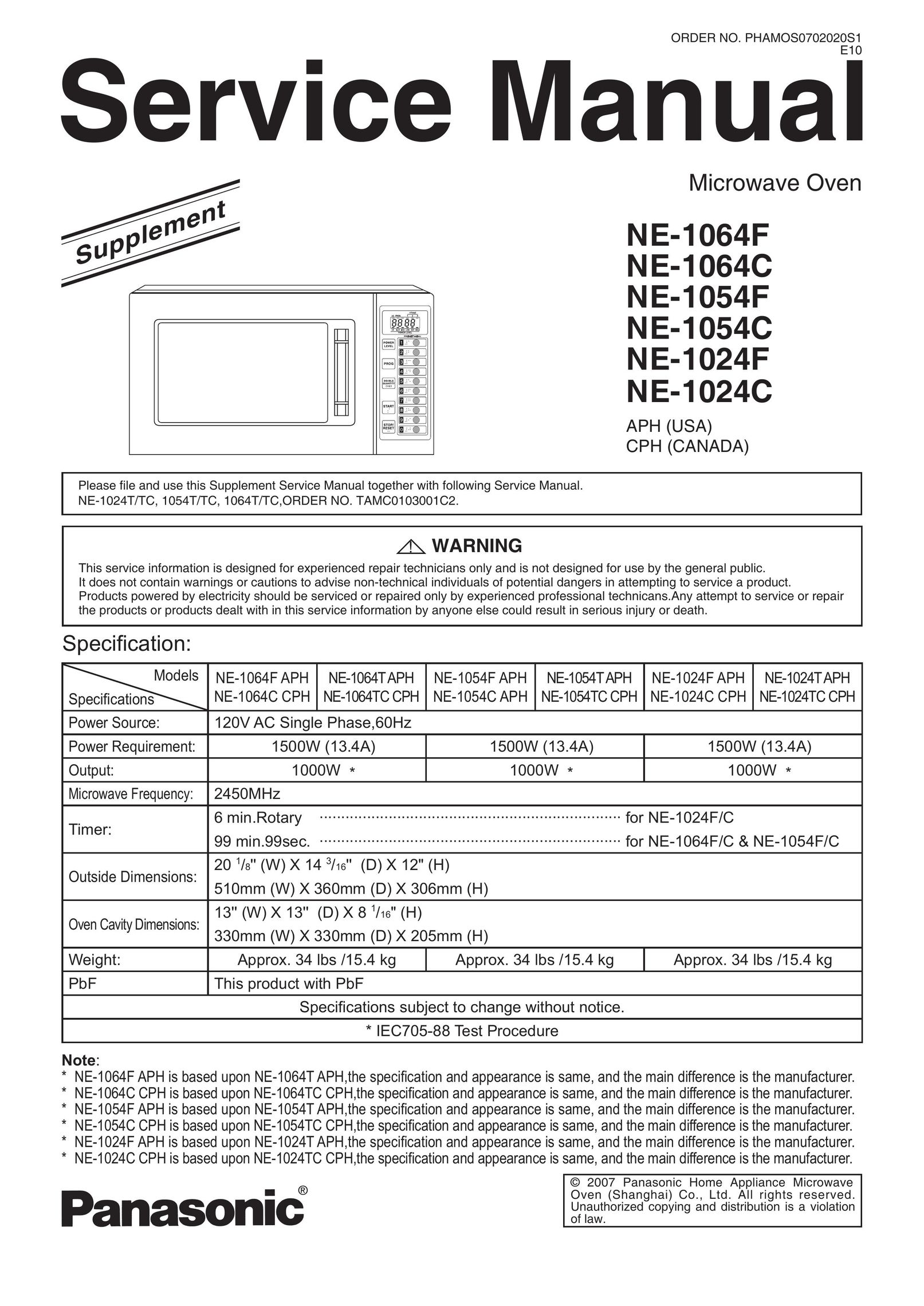Panasonic NE-1024F Microwave Oven User Manual
