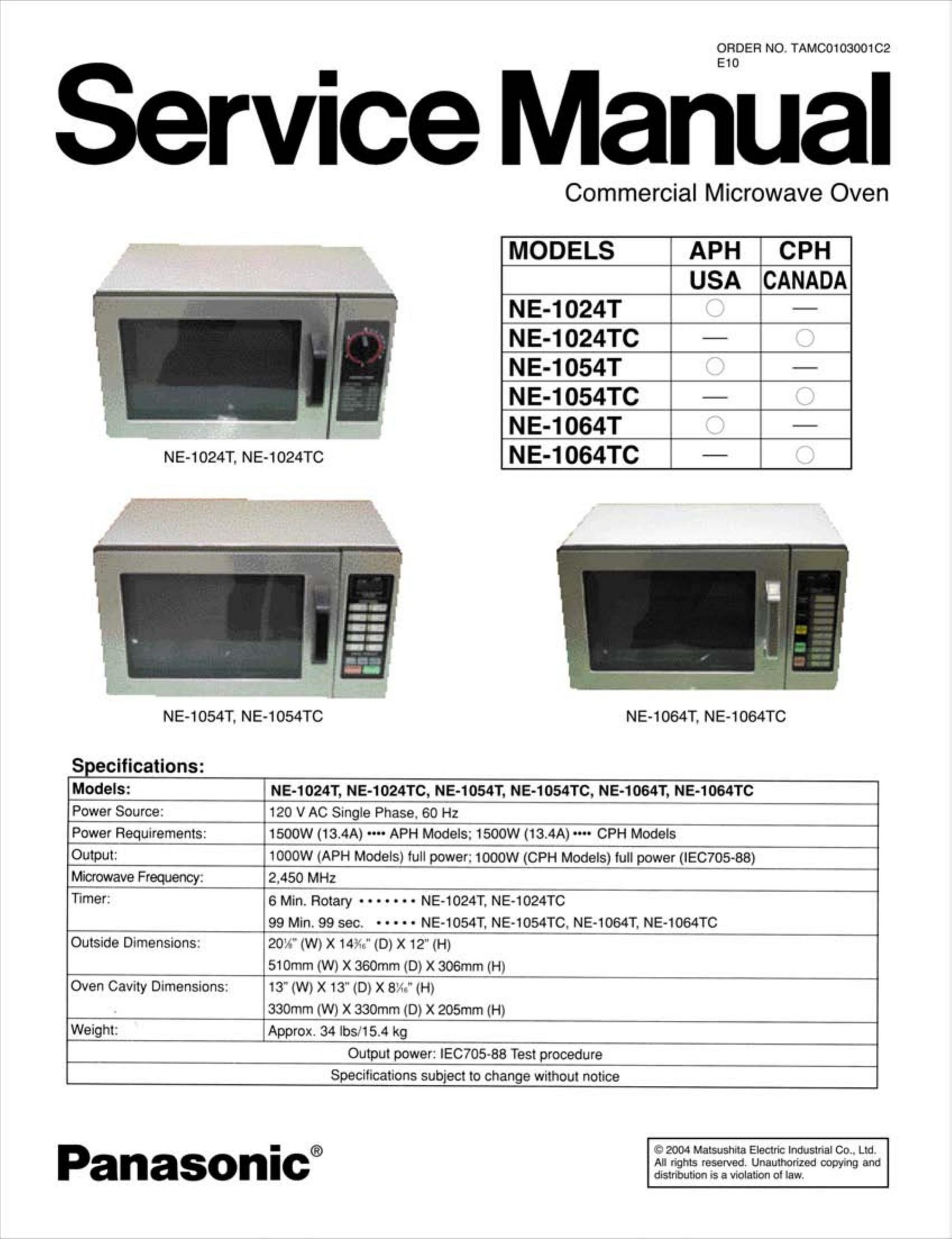 Panasonic NE-1024TC Microwave Oven User Manual