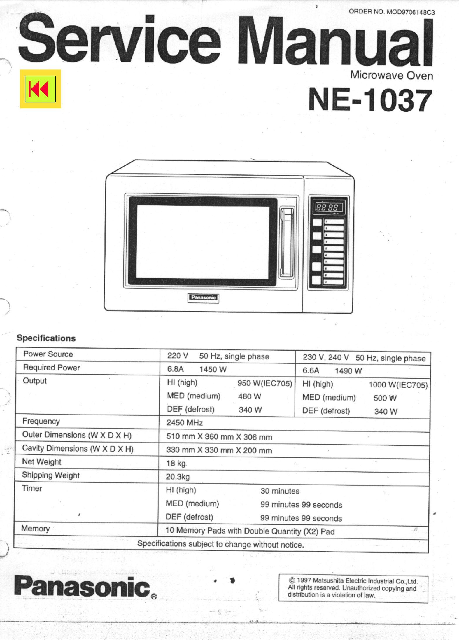 Panasonic NE-1037 Microwave Oven User Manual
