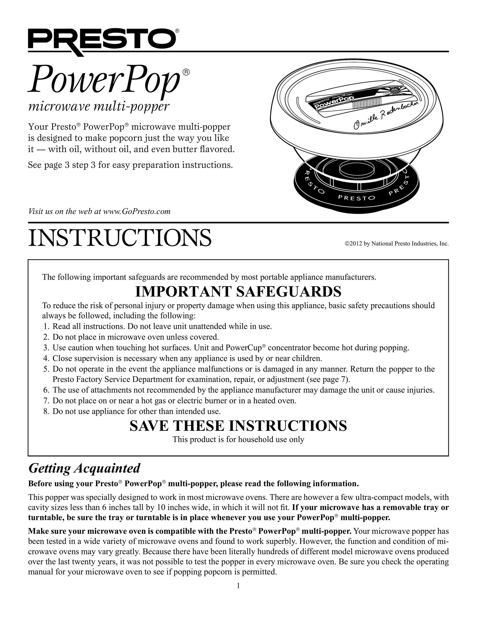 Presto 4830 Microwave Oven User Manual