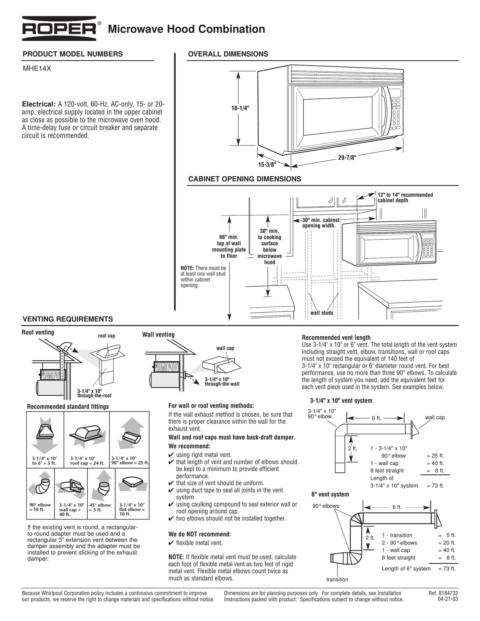 Roper MHE14X Microwave Oven User Manual