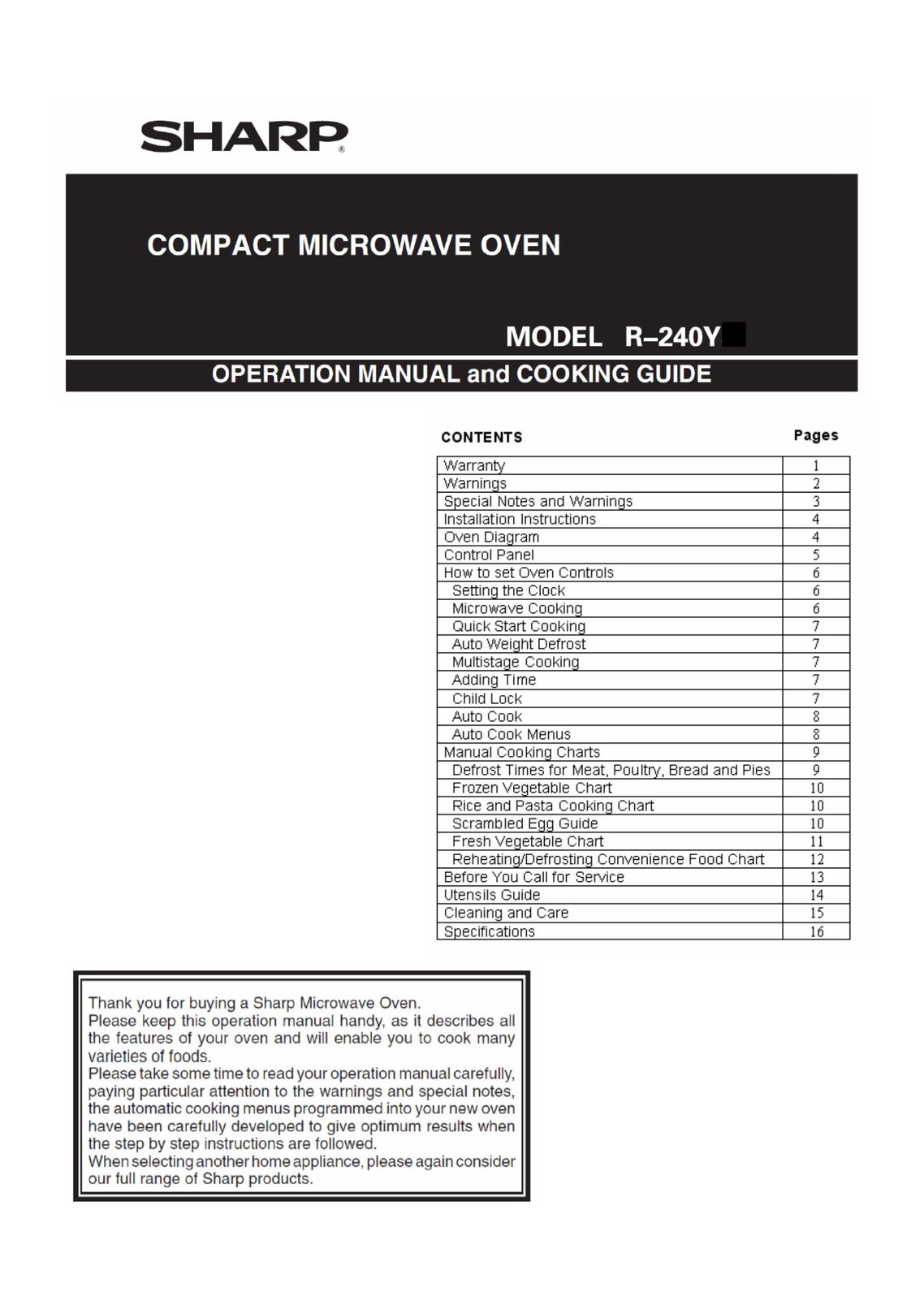 Sharp Microwave Oven Microwave Oven User Manual