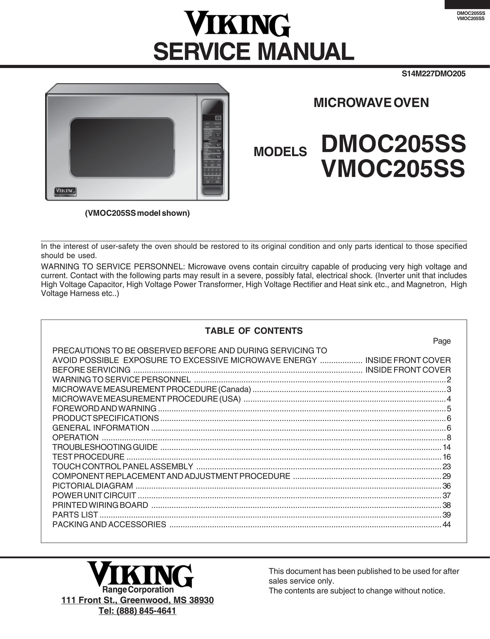 Viking DMOC205SS Microwave Oven User Manual