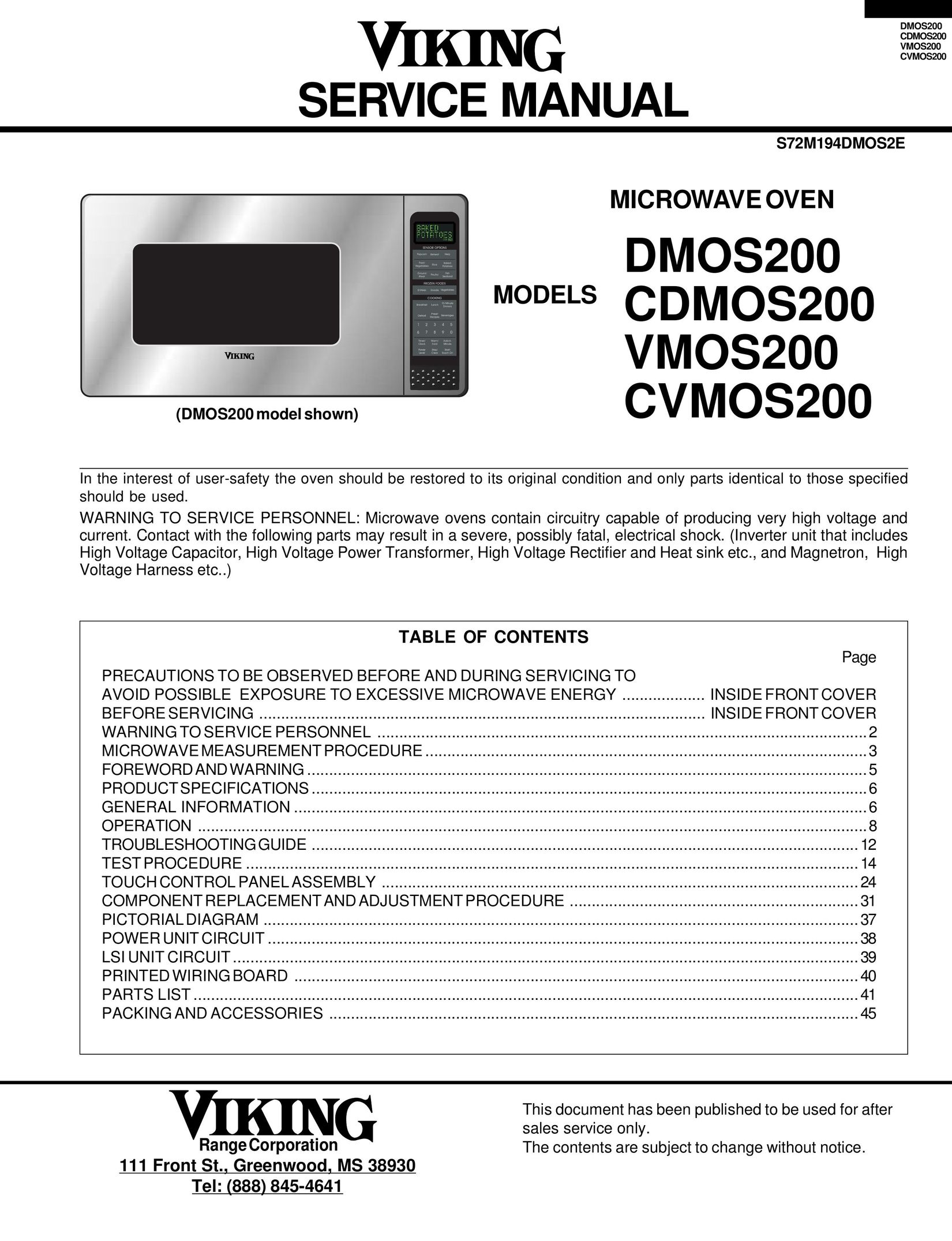 Viking DMOS200 Microwave Oven User Manual