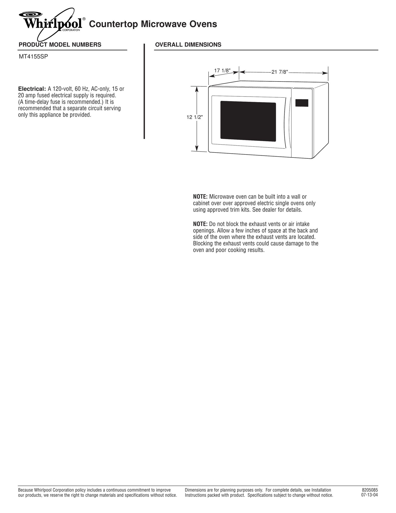 Whirlpool 8205085 Microwave Oven User Manual