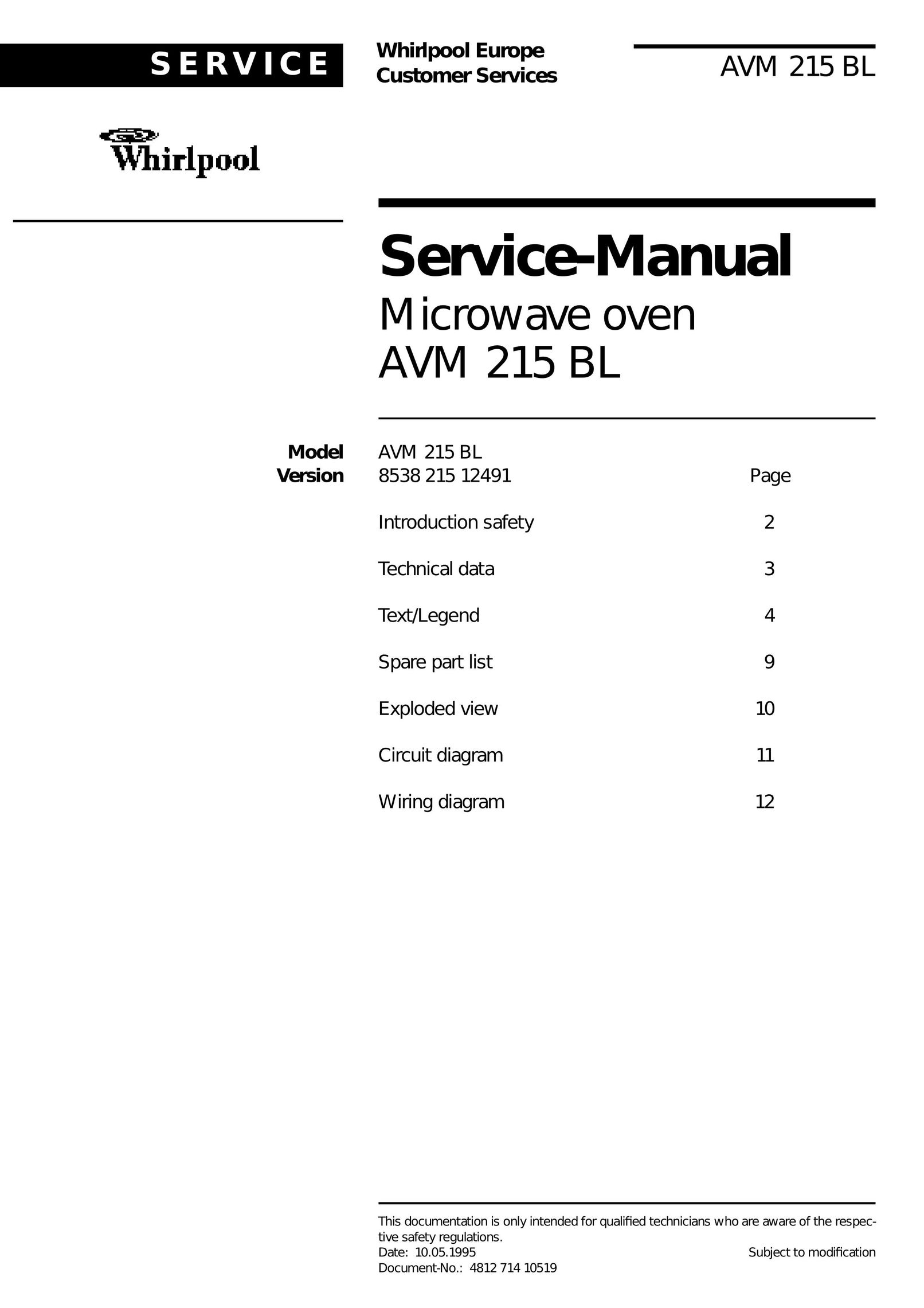 Whirlpool AVM 215 BL Microwave Oven User Manual