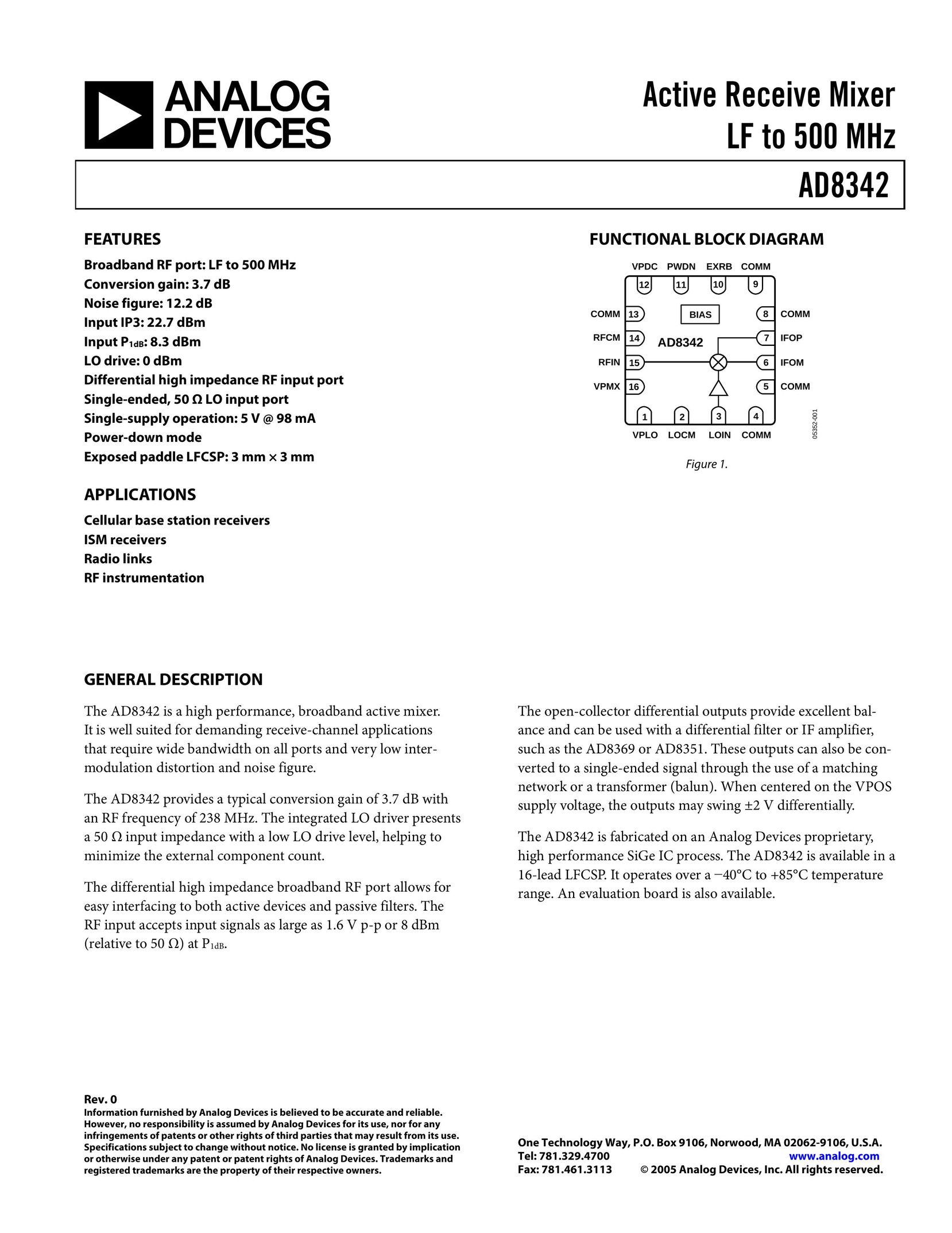 Analog Devices AD8342 Mixer User Manual