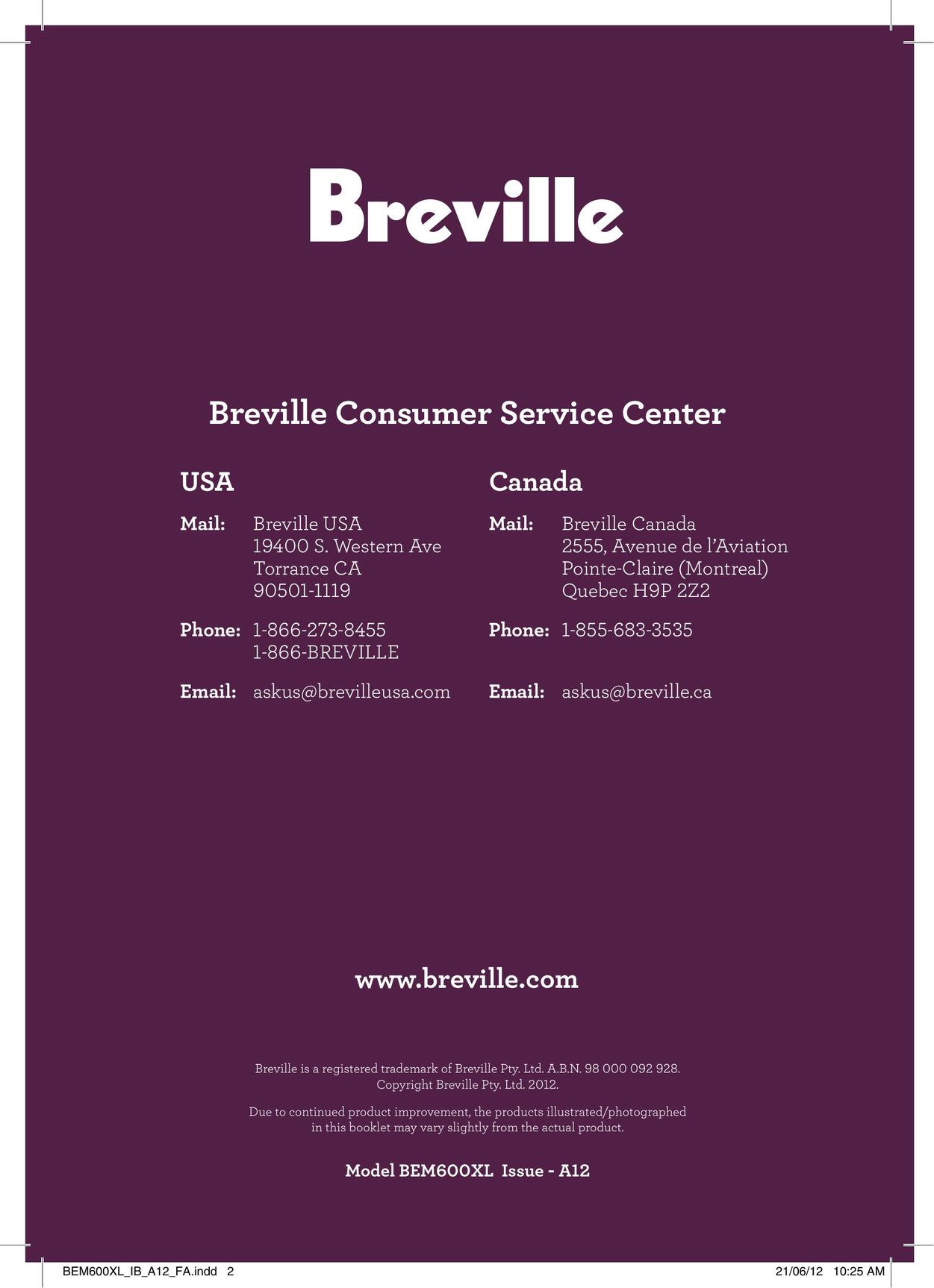 Breville BEM600XL Mixer User Manual