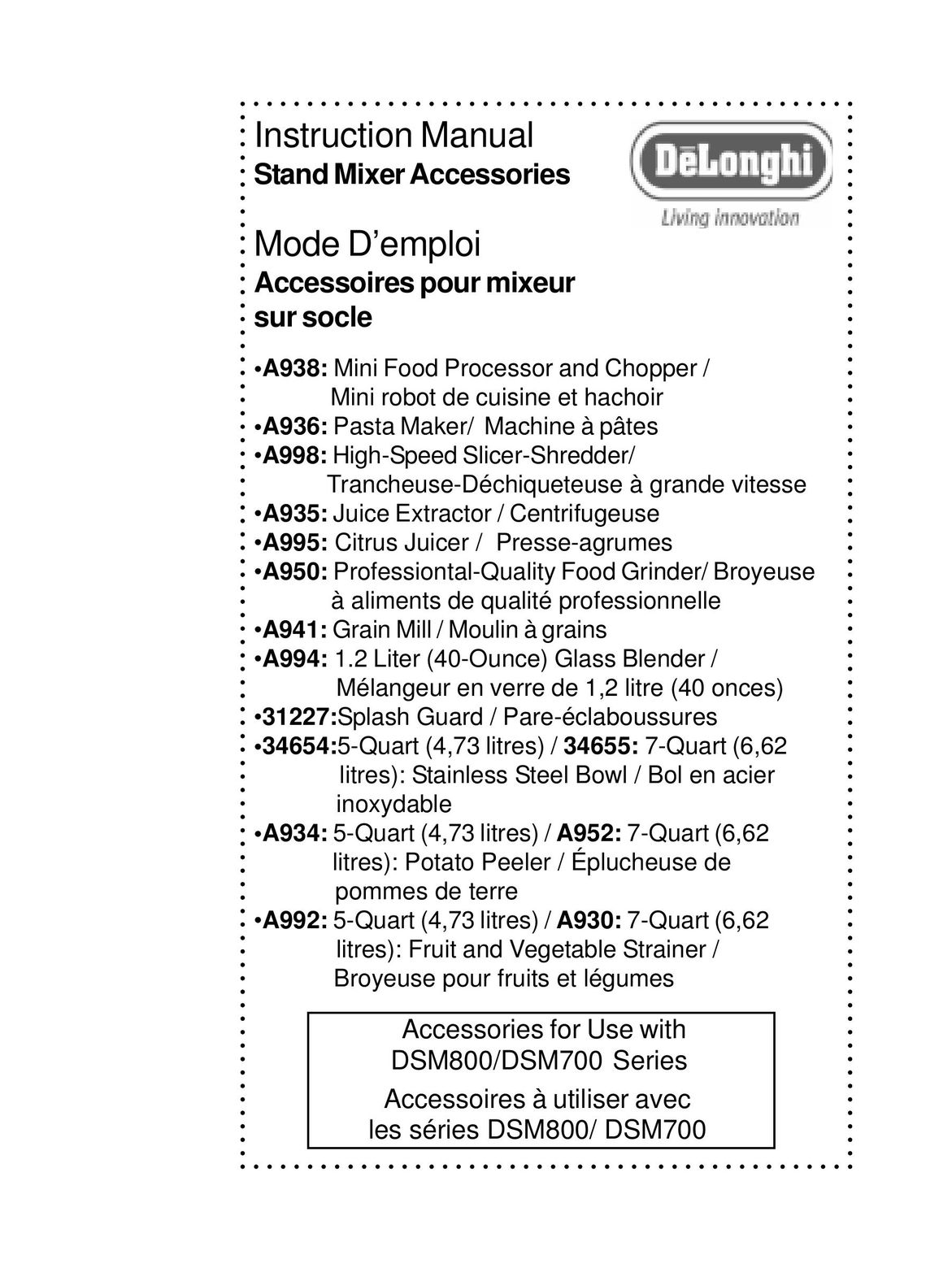 DeLonghi DSM700 Mixer User Manual