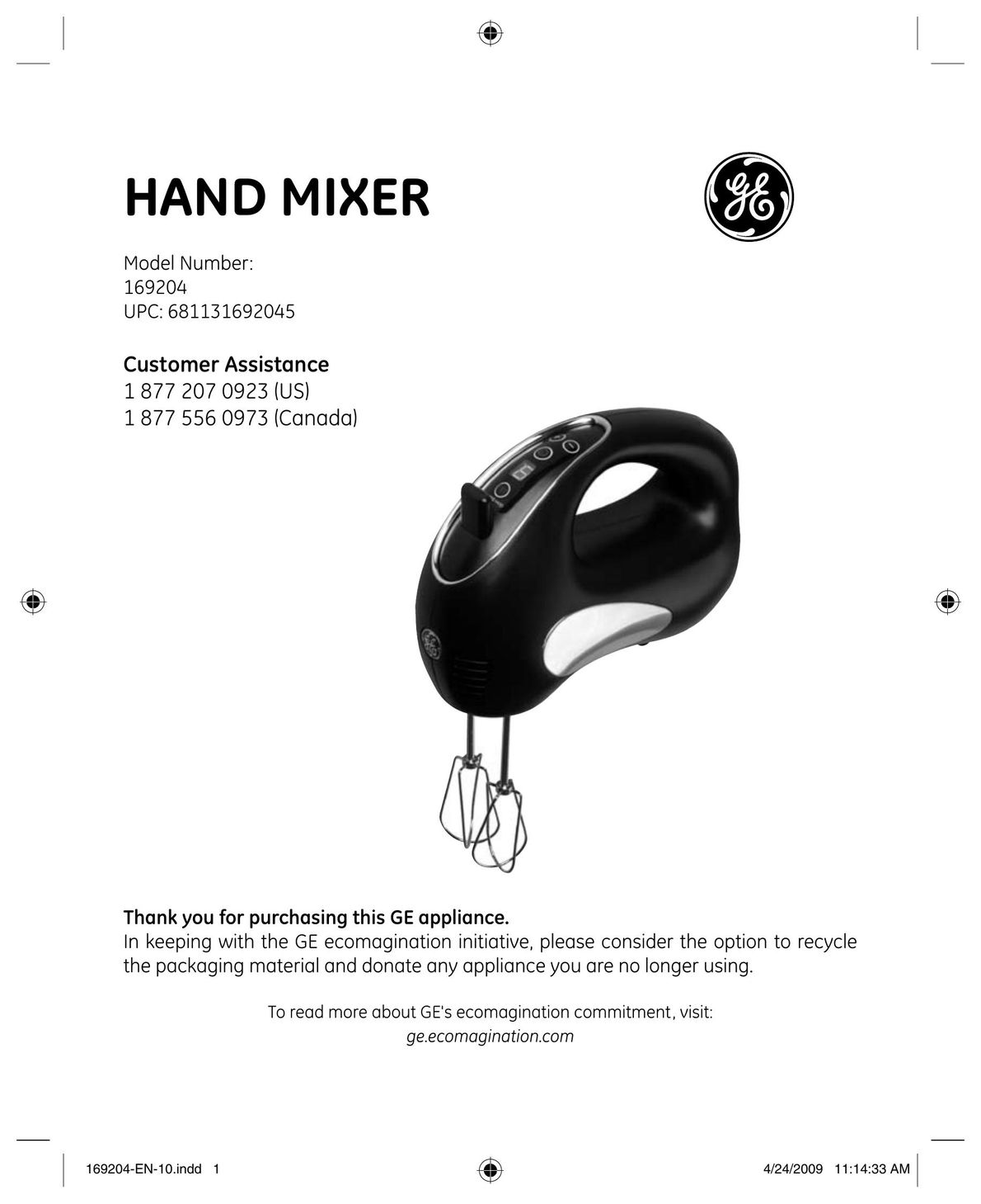 GE 169204 Mixer User Manual