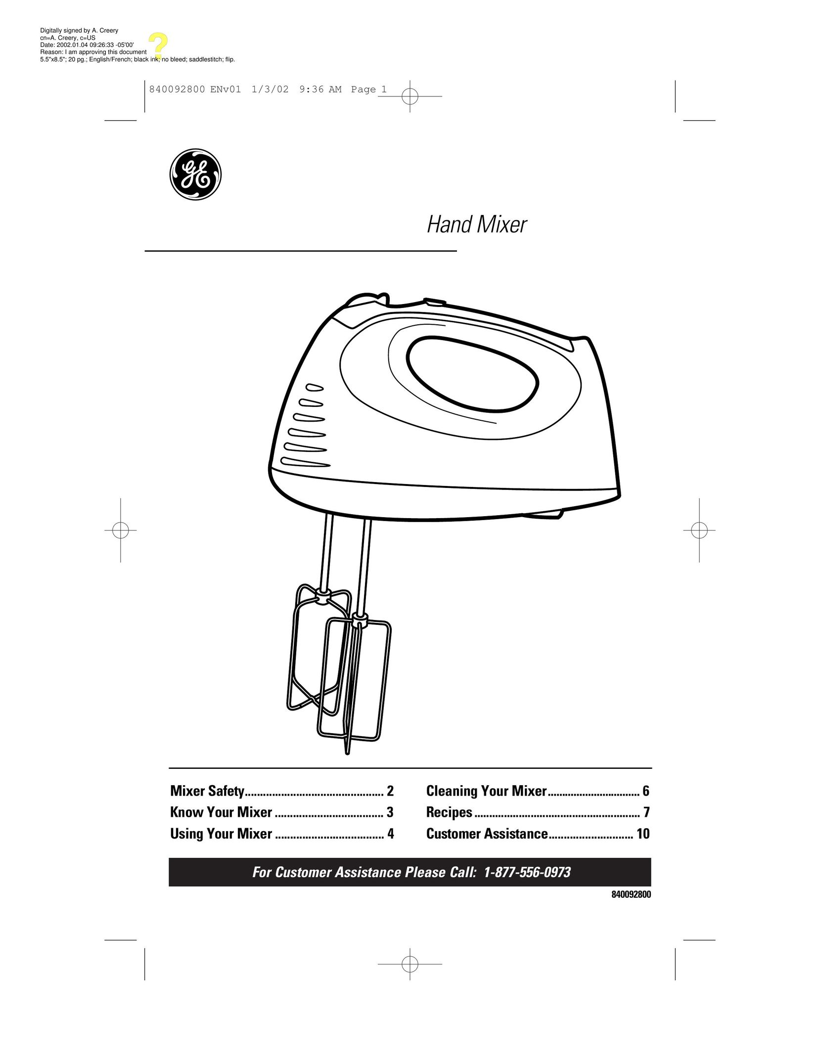 GE 840092800 Mixer User Manual