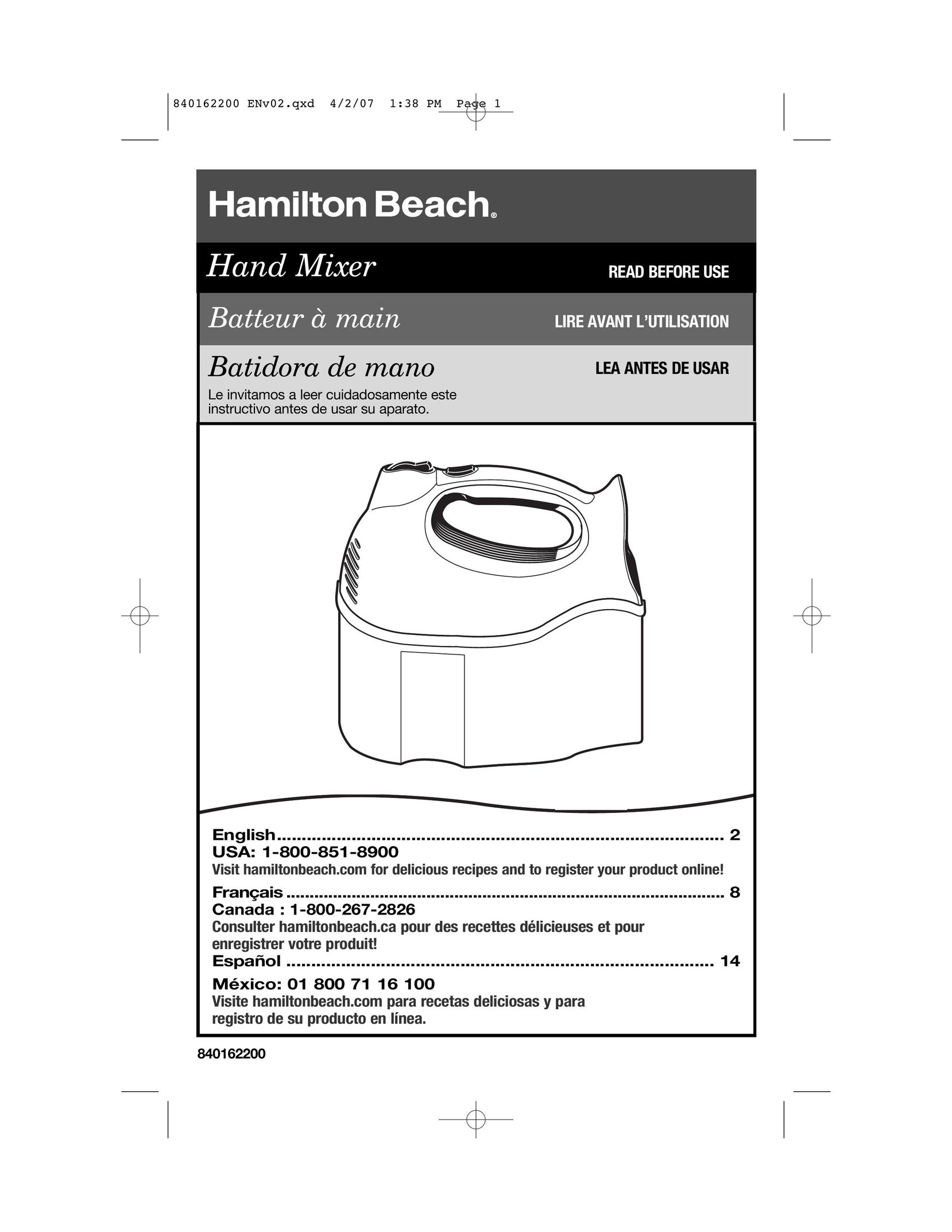 Hamilton Beach 62695NC Mixer User Manual