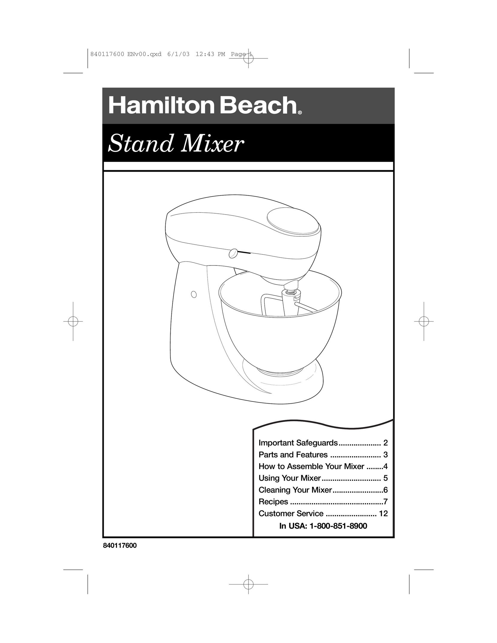Hamilton Beach 840117600 Mixer User Manual
