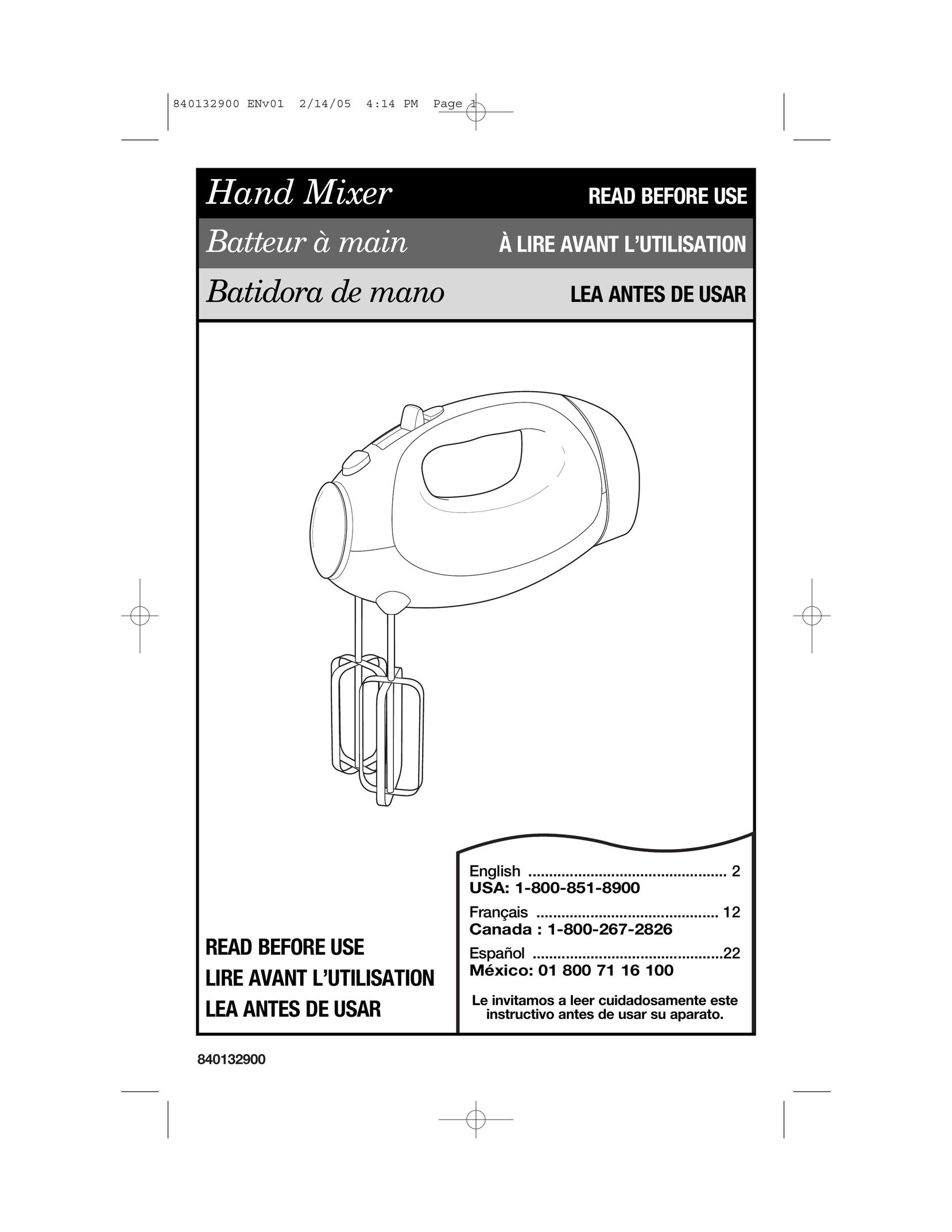 Hamilton Beach 840132900 Mixer User Manual