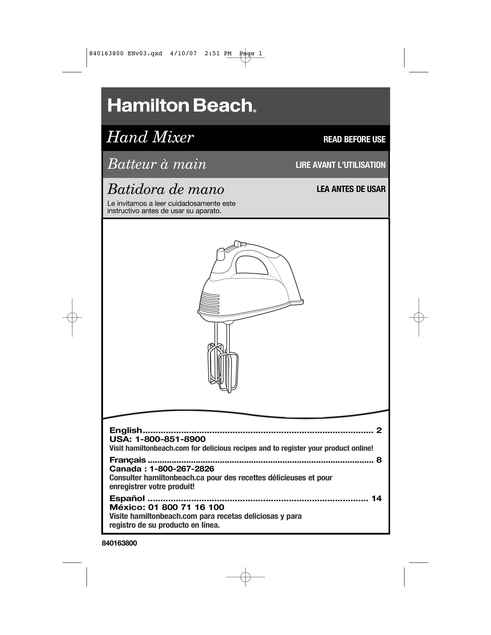 Hamilton Beach 840163800 Mixer User Manual