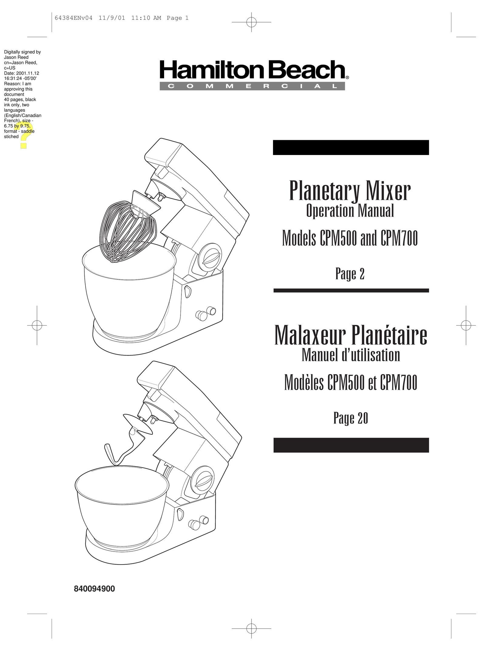 Hamilton Beach CPM500 Mixer User Manual