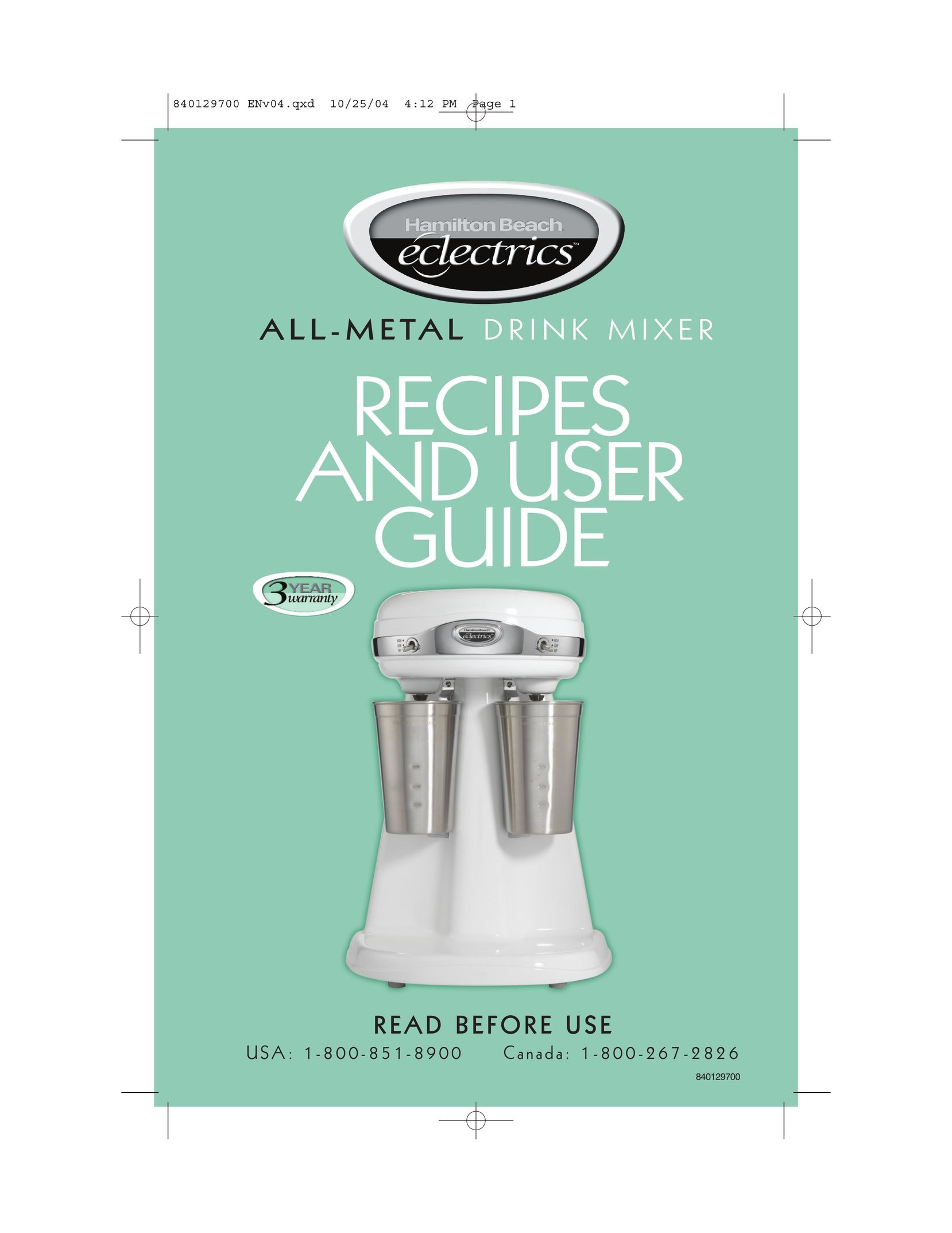 Hamilton Beach Drink Mixer Mixer User Manual