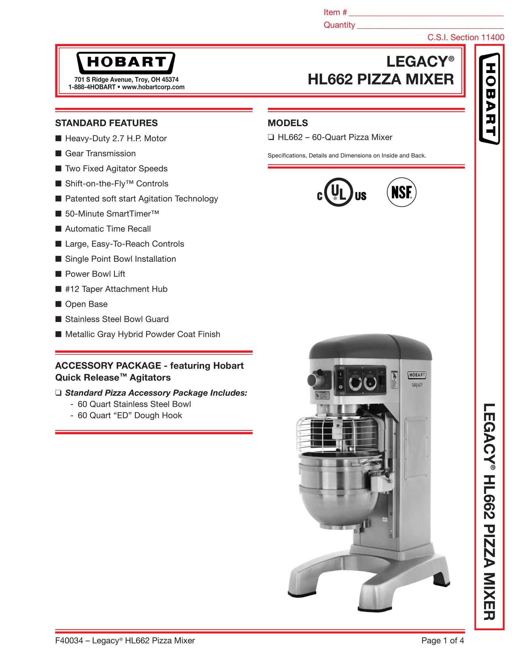 Hobart HL662 - 60 Quart Pizza Maker Mixer User Manual