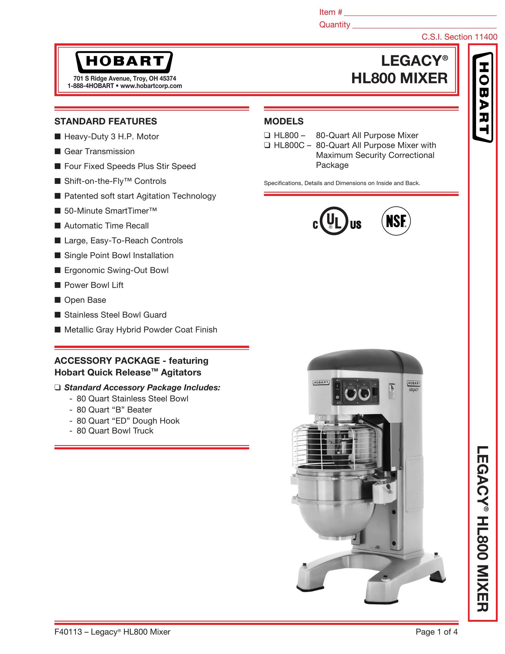 Hobart HL800 Mixer User Manual