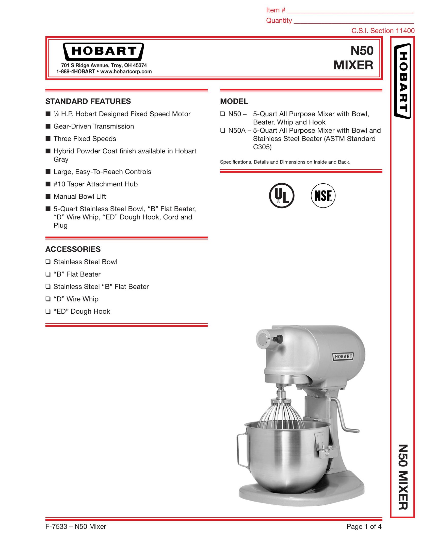 Hobart N50A Mixer User Manual