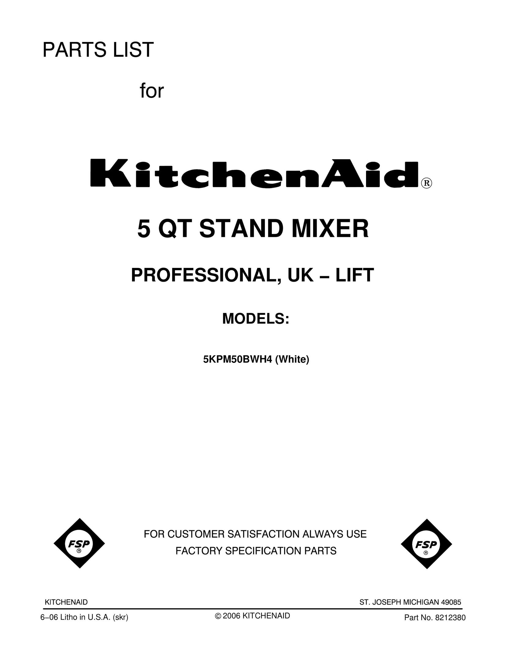 KitchenAid 5KPM50BWH4 Mixer User Manual