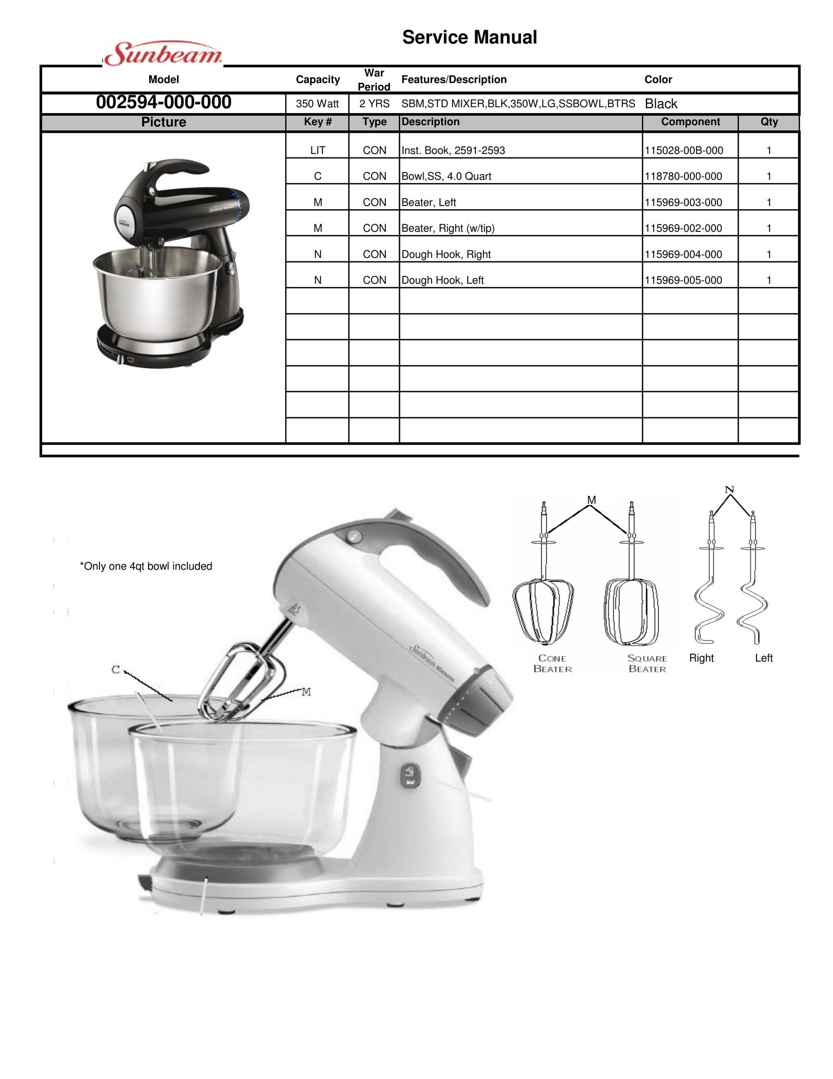 Sunbeam 002594-000-000 Mixer User Manual