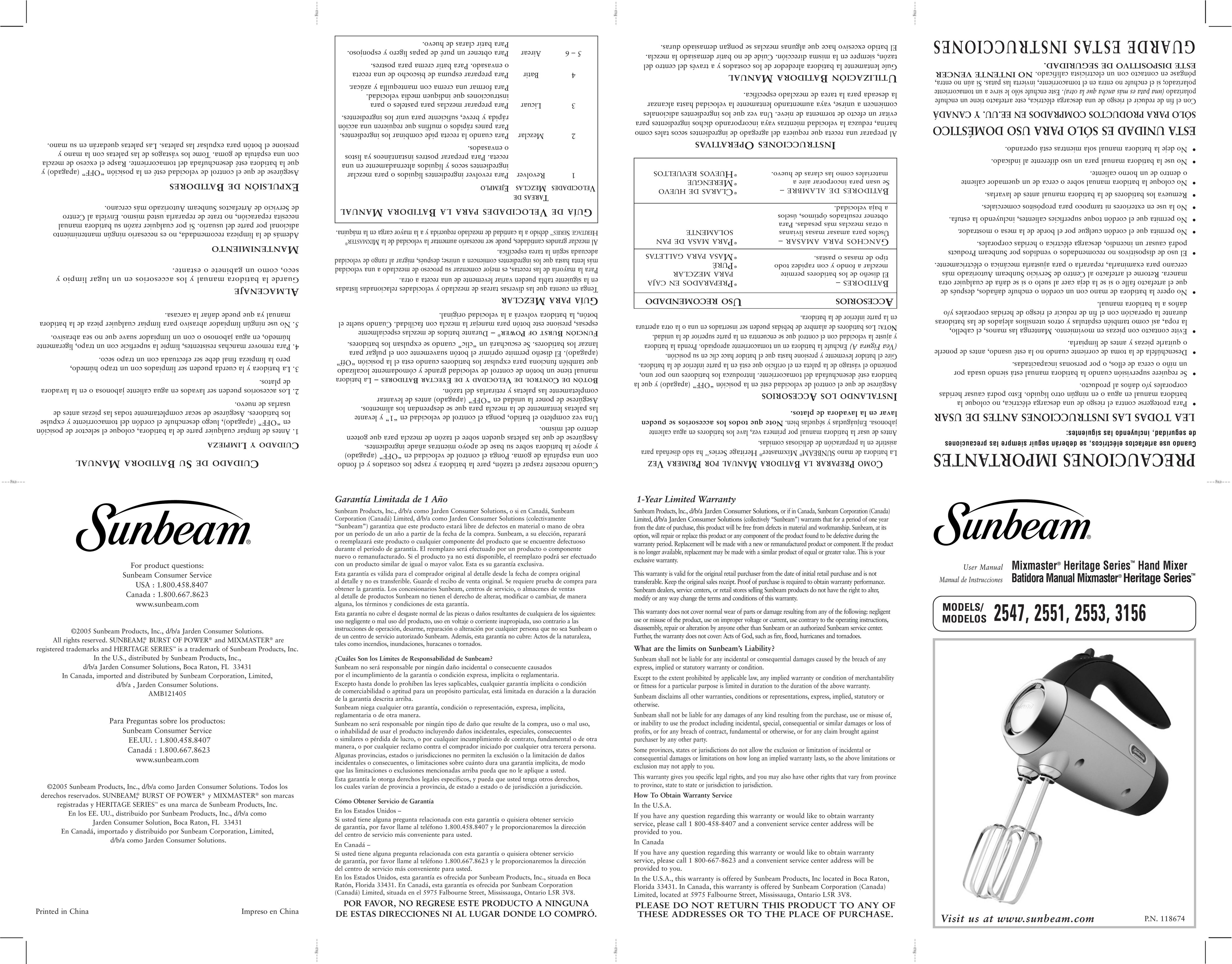 Sunbeam 2547 Mixer User Manual