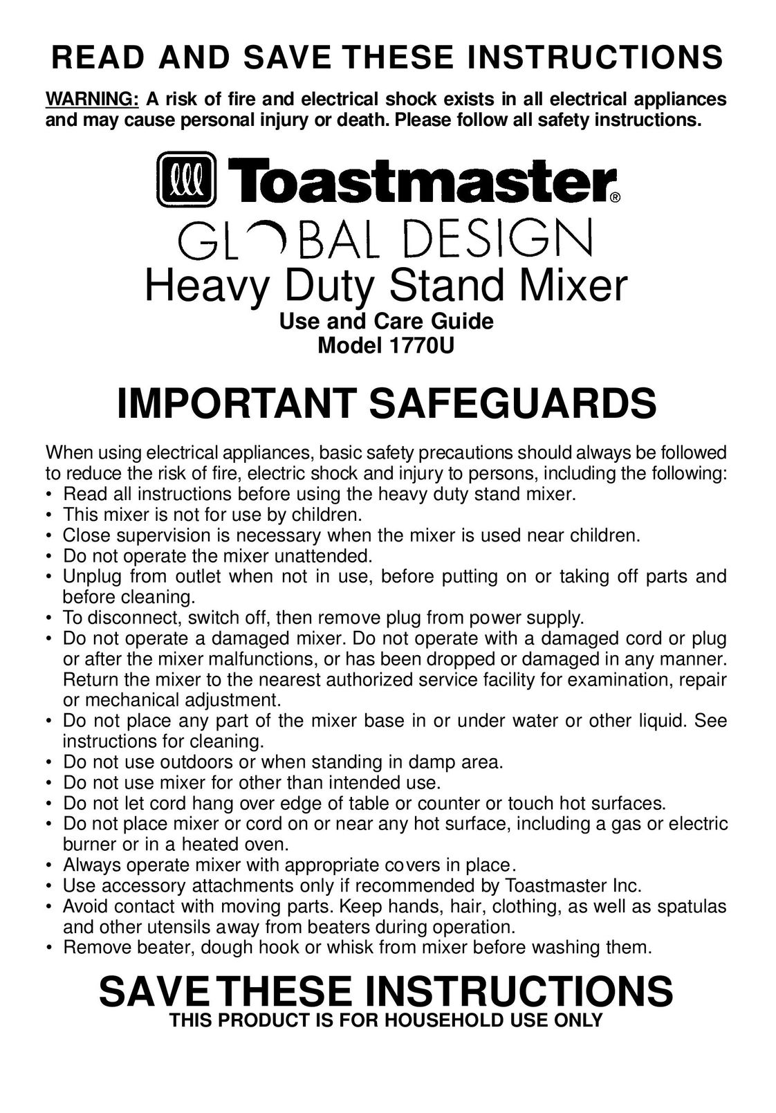 Toastmaster 1770U Mixer User Manual
