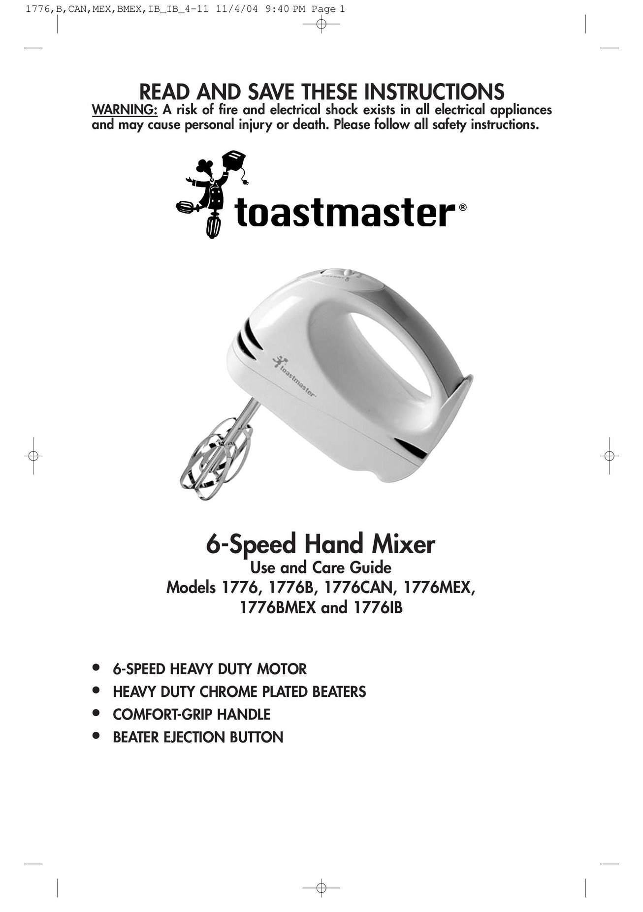 Toastmaster 1776 Mixer User Manual