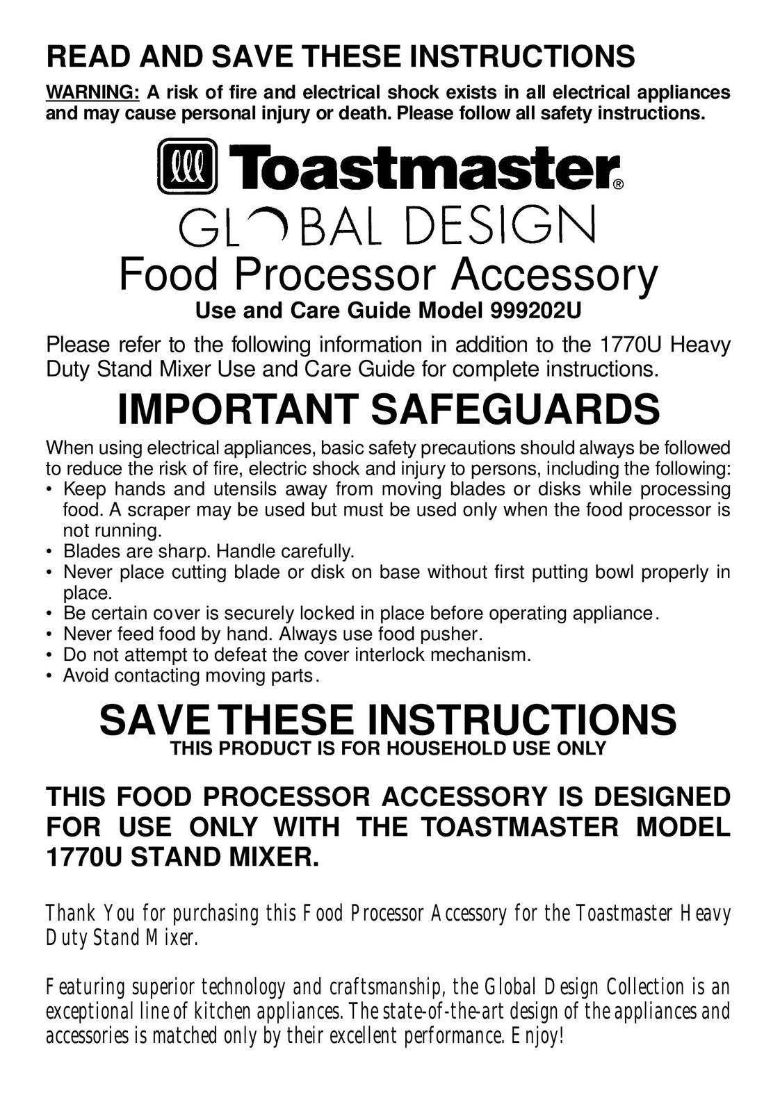Toastmaster 999202U Mixer User Manual