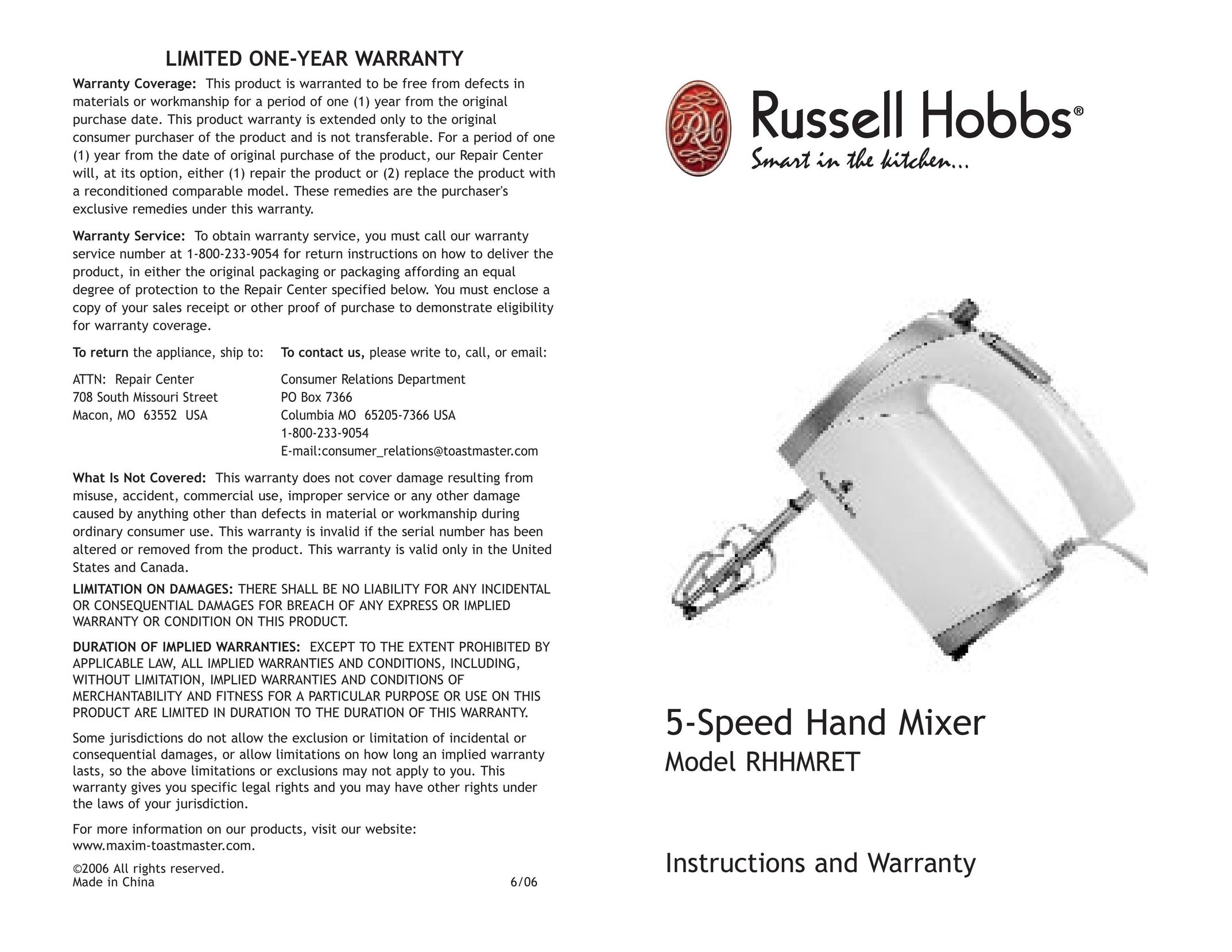 Toastmaster RHHMRET Mixer User Manual