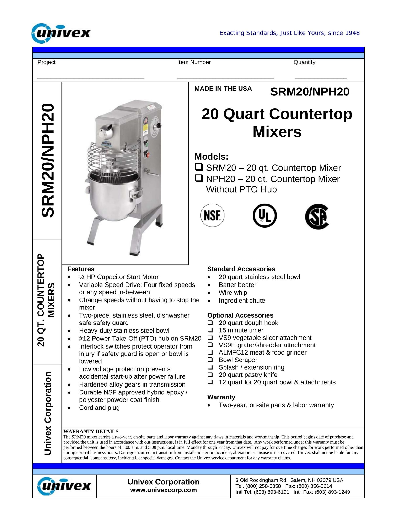 Univex SRM20 Mixer User Manual