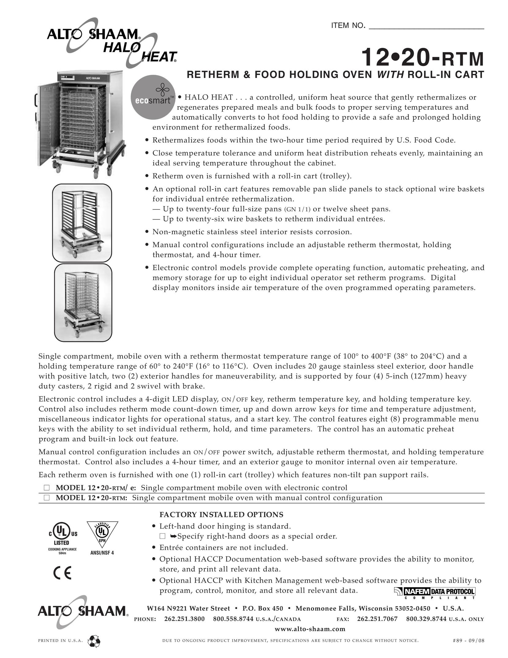 Alto-Shaam 12-20 RTM Oven User Manual