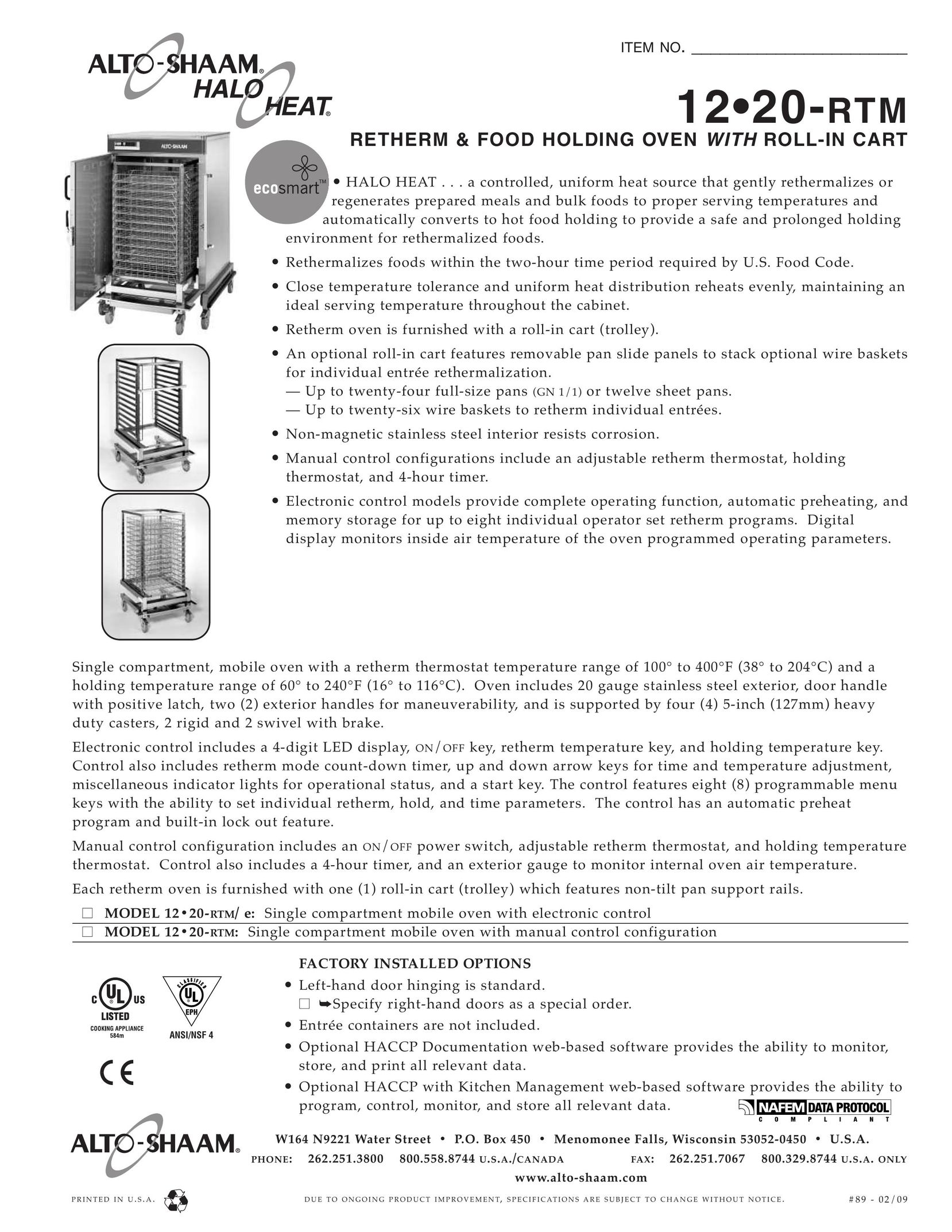 Alto-Shaam 1220-RTM/ e Oven User Manual