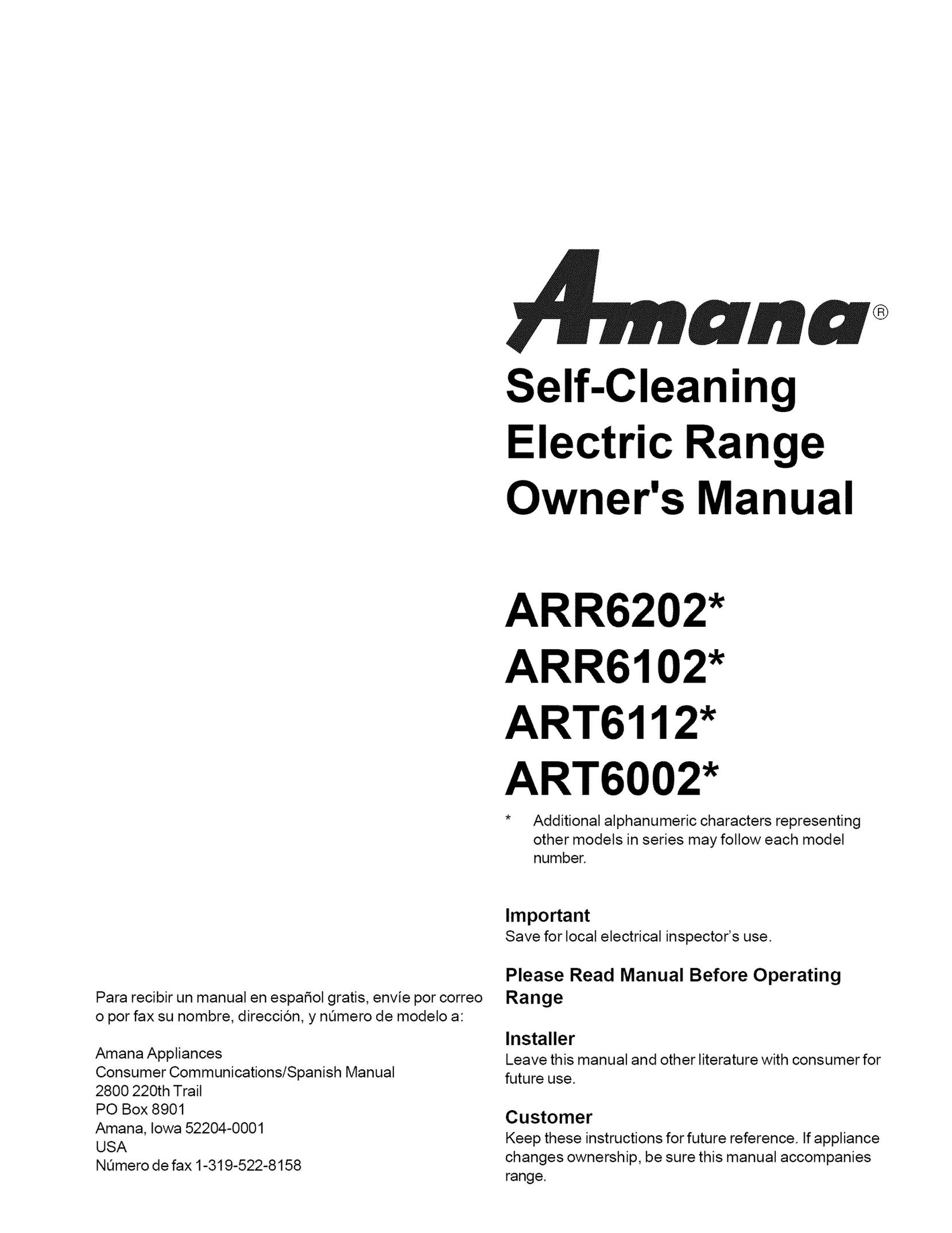 Amana ARR6102 Oven User Manual