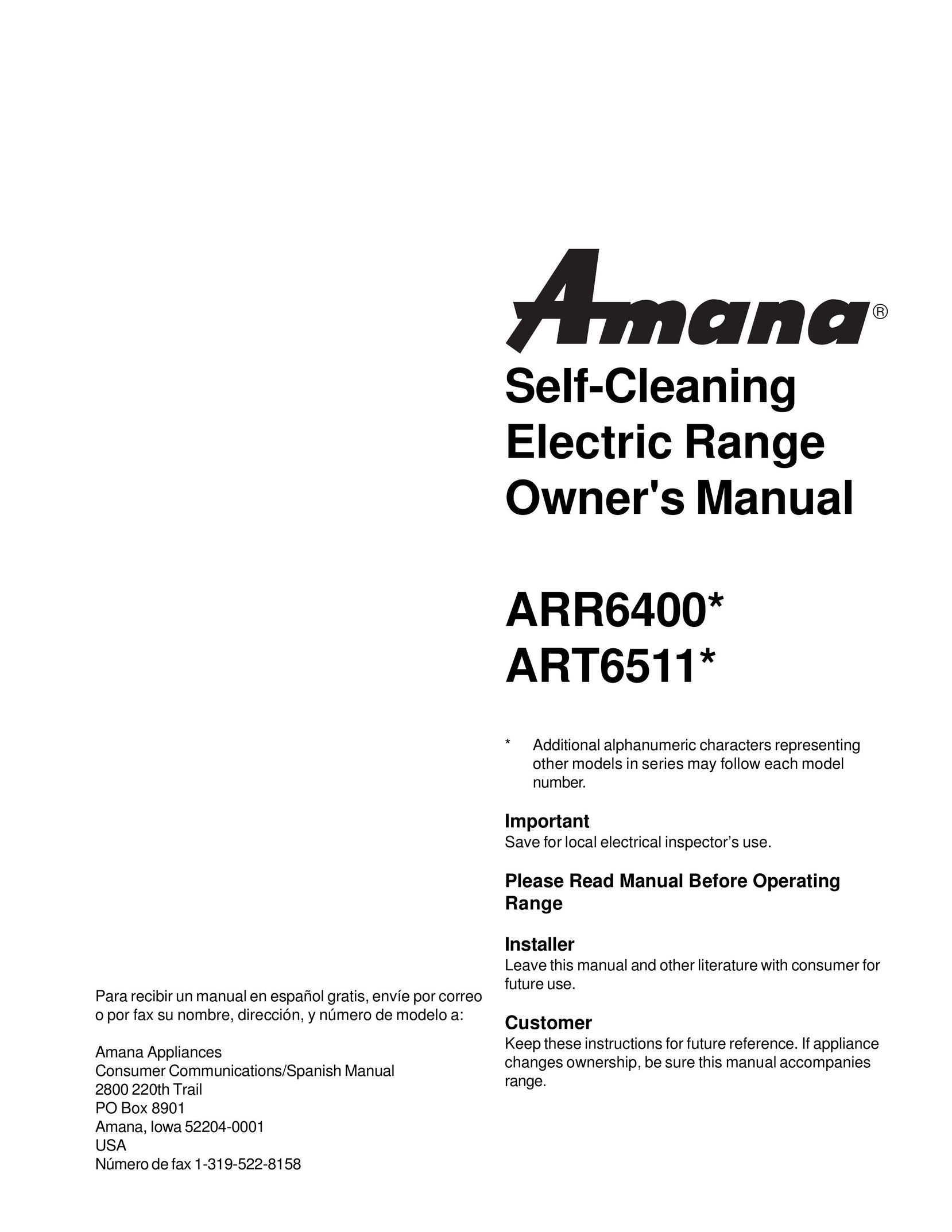 Amana ARR6400/ART6511 Oven User Manual