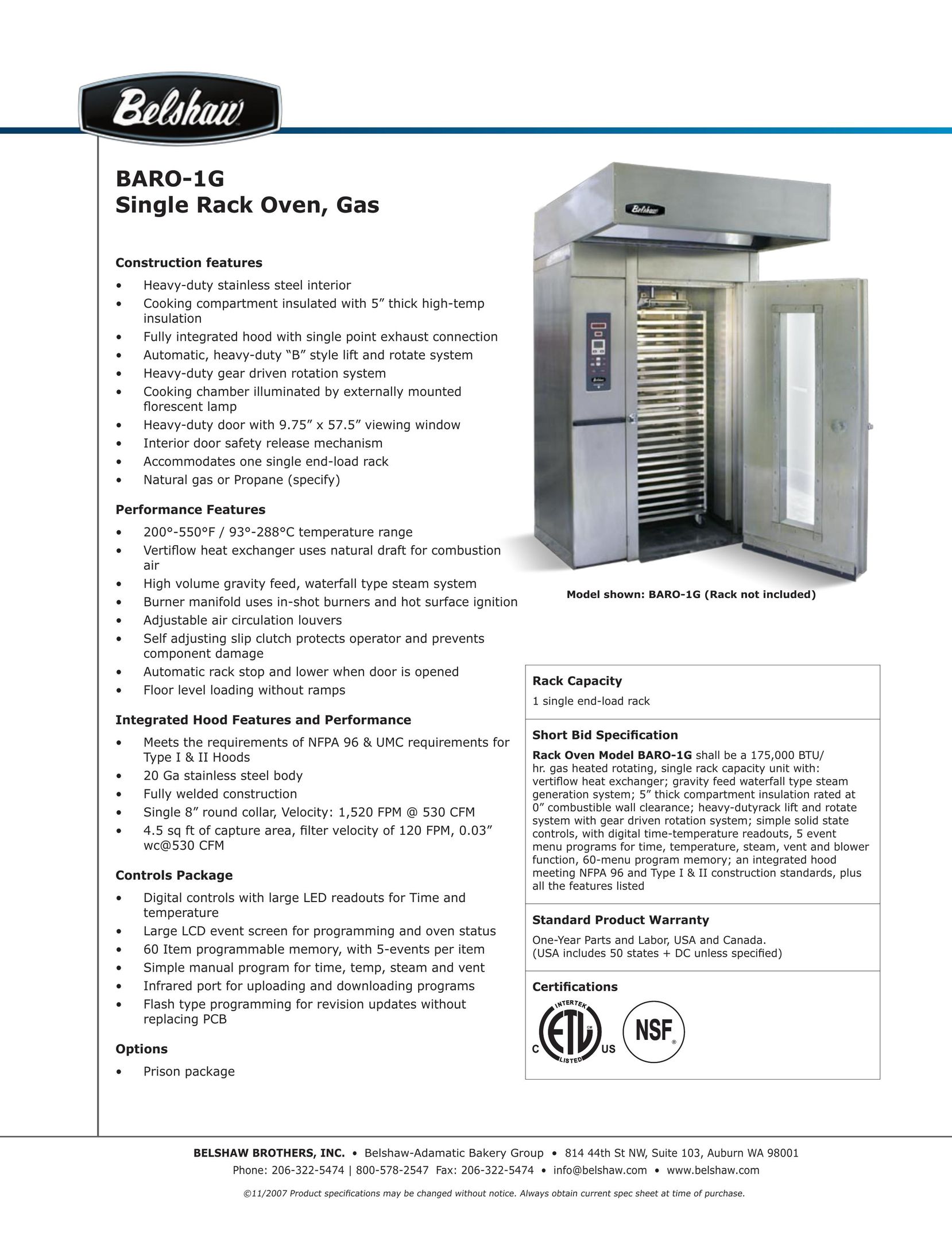 Belshaw Brothers BARO-1G Oven User Manual