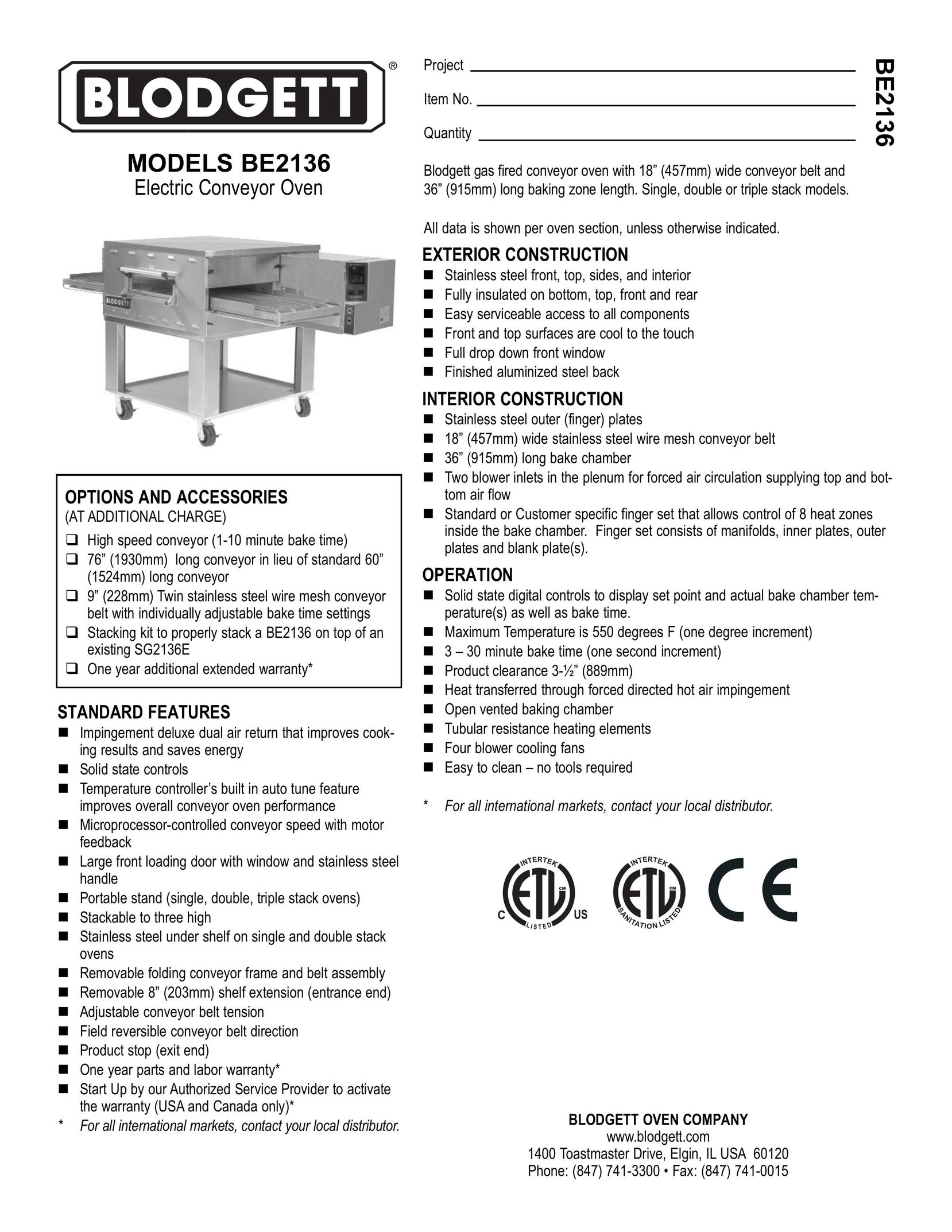 Blodgett BE2136 Oven User Manual