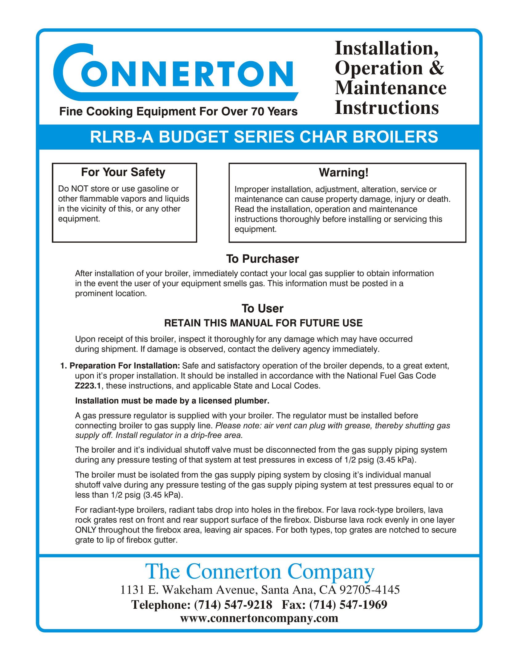 Connerton Co RLRB-A Oven User Manual