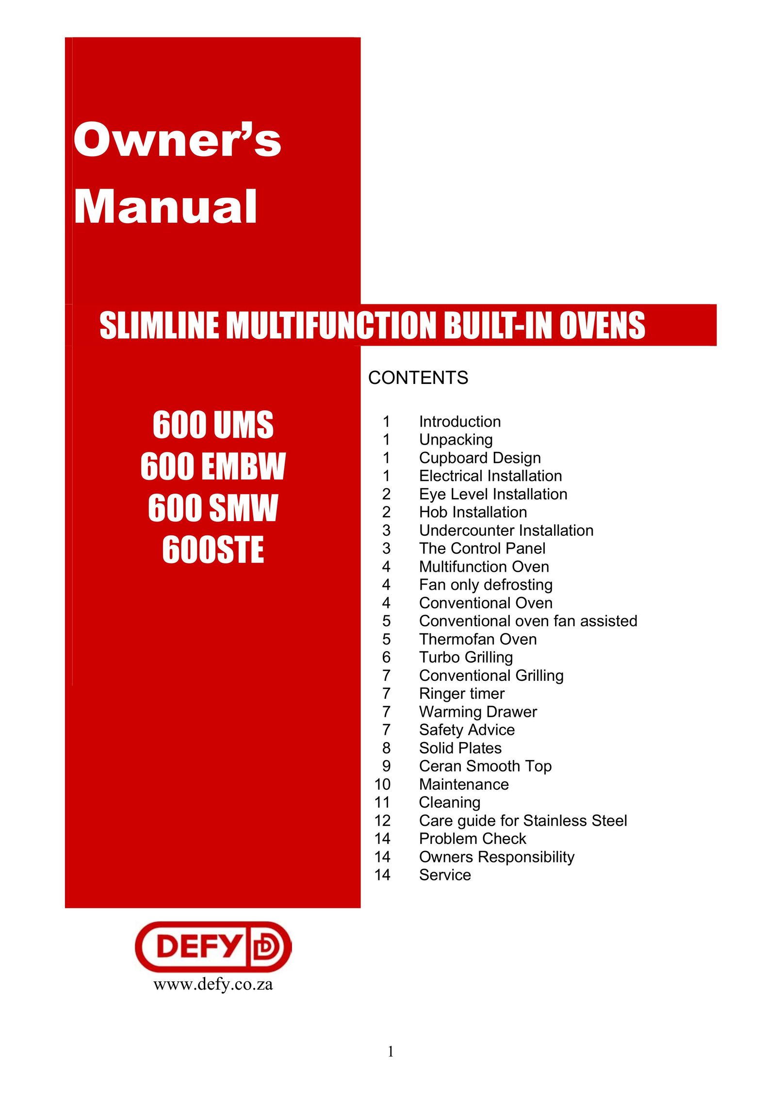 Defy Appliances 600 SMW Oven User Manual