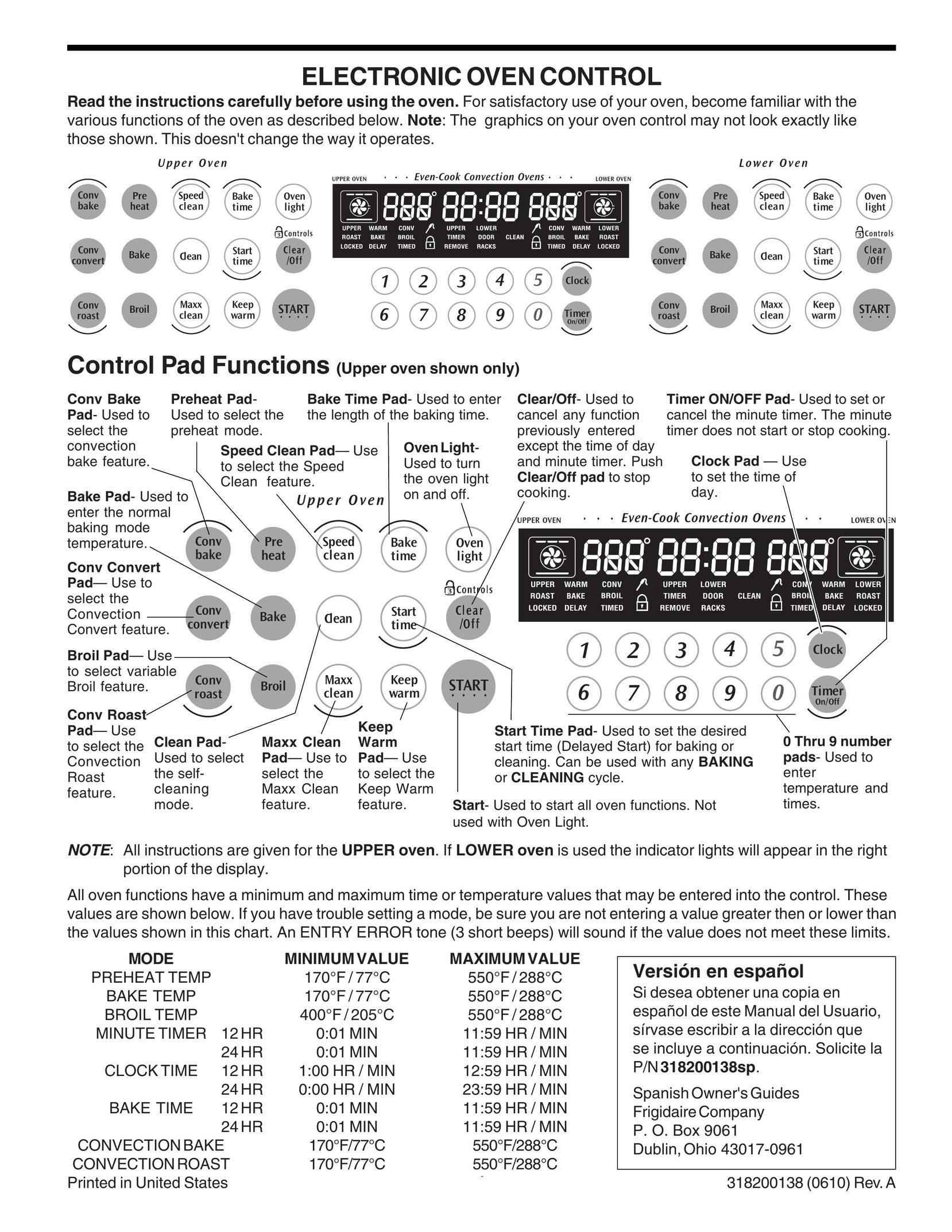Frigidaire 318200138 (0610) Oven User Manual