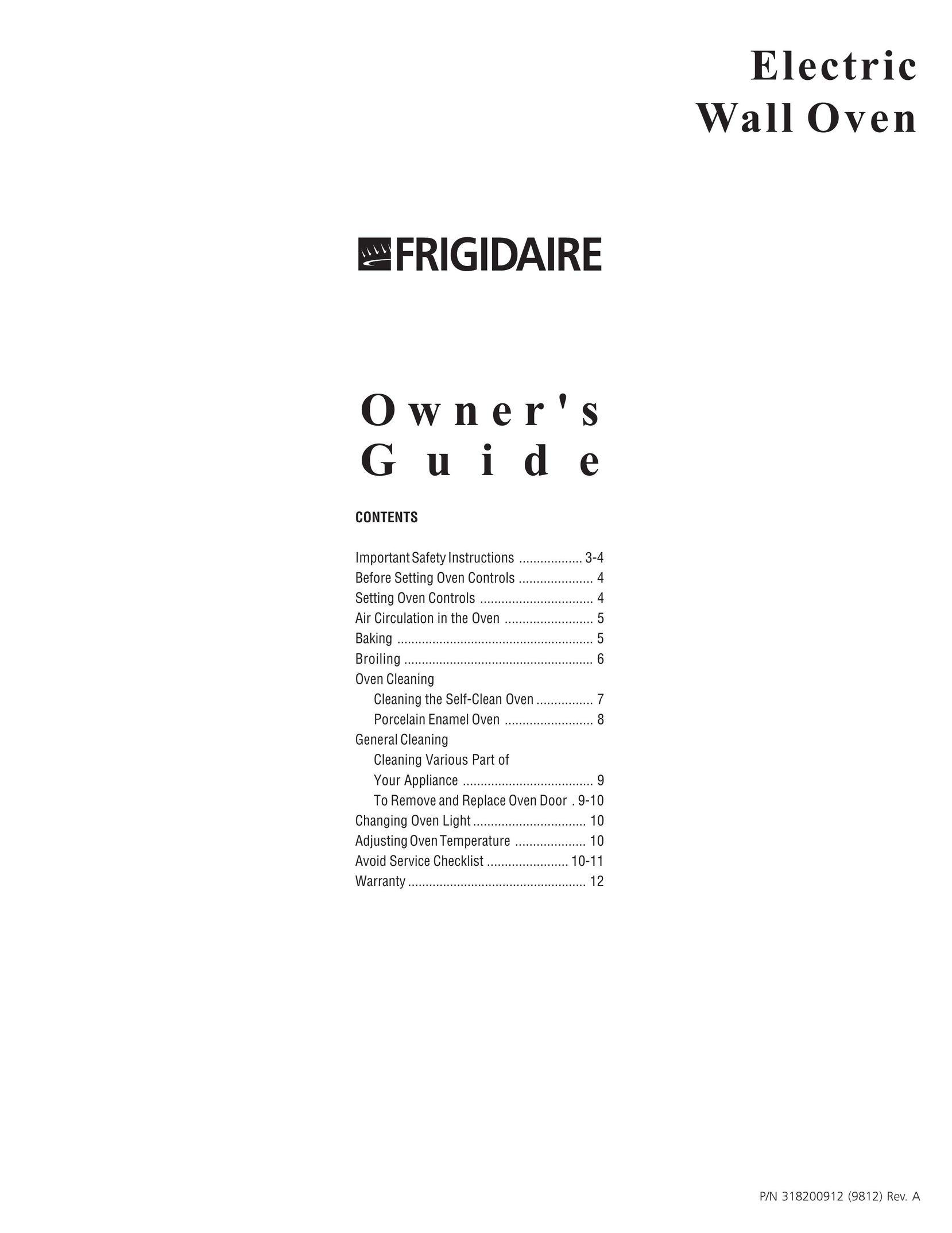 Frigidaire 318200912 Oven User Manual