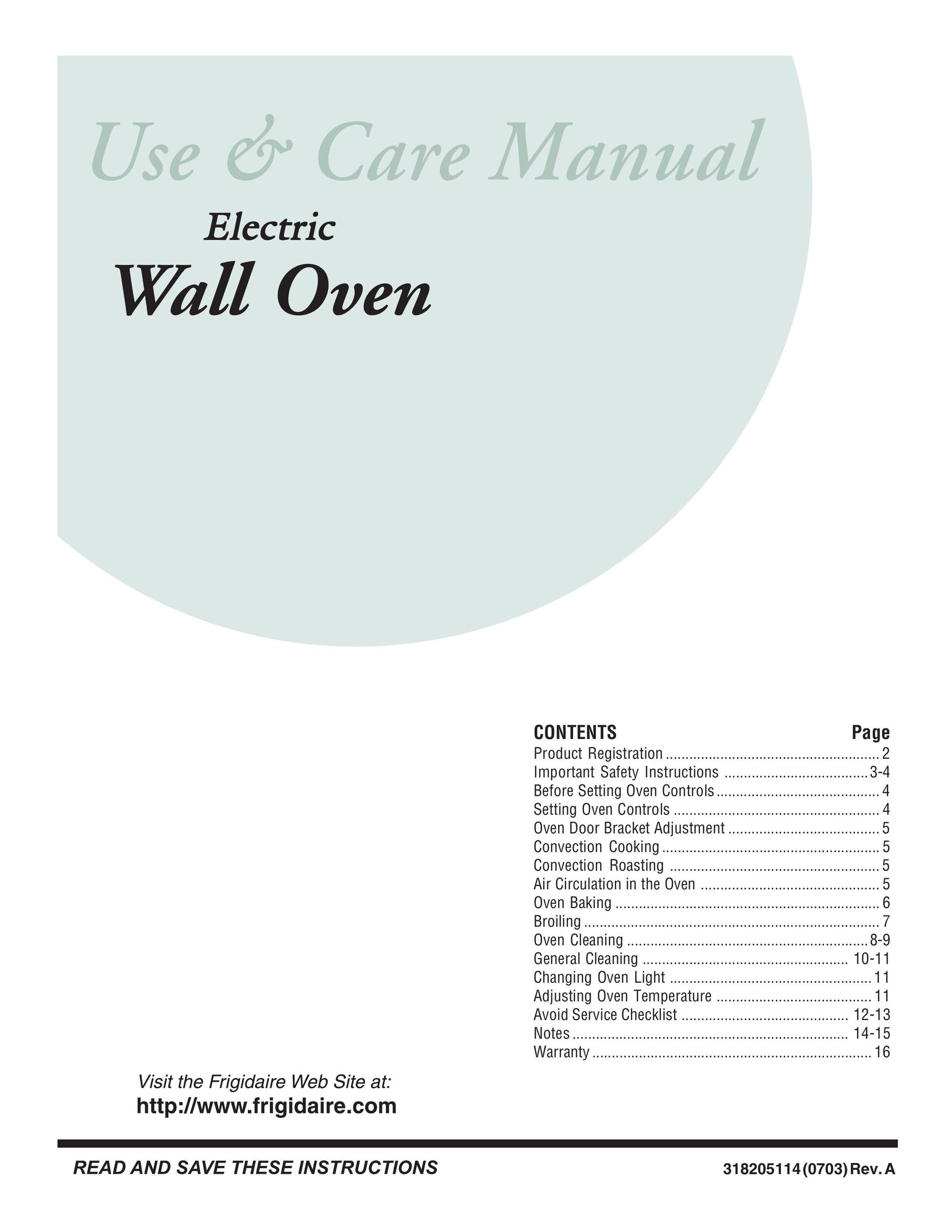 Frigidaire 318205114 Oven User Manual