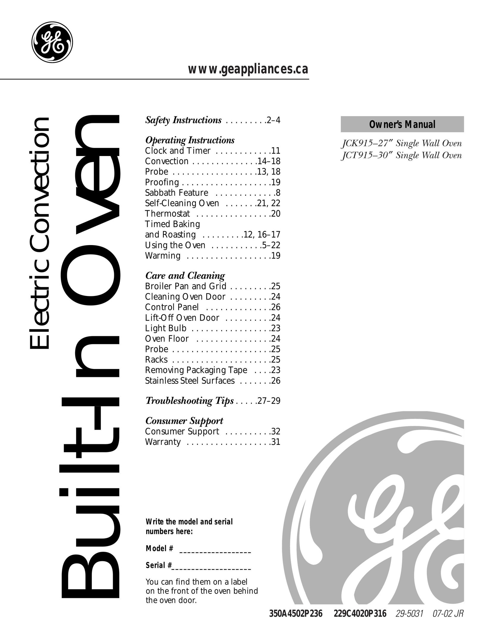GE JCT 915 Oven User Manual
