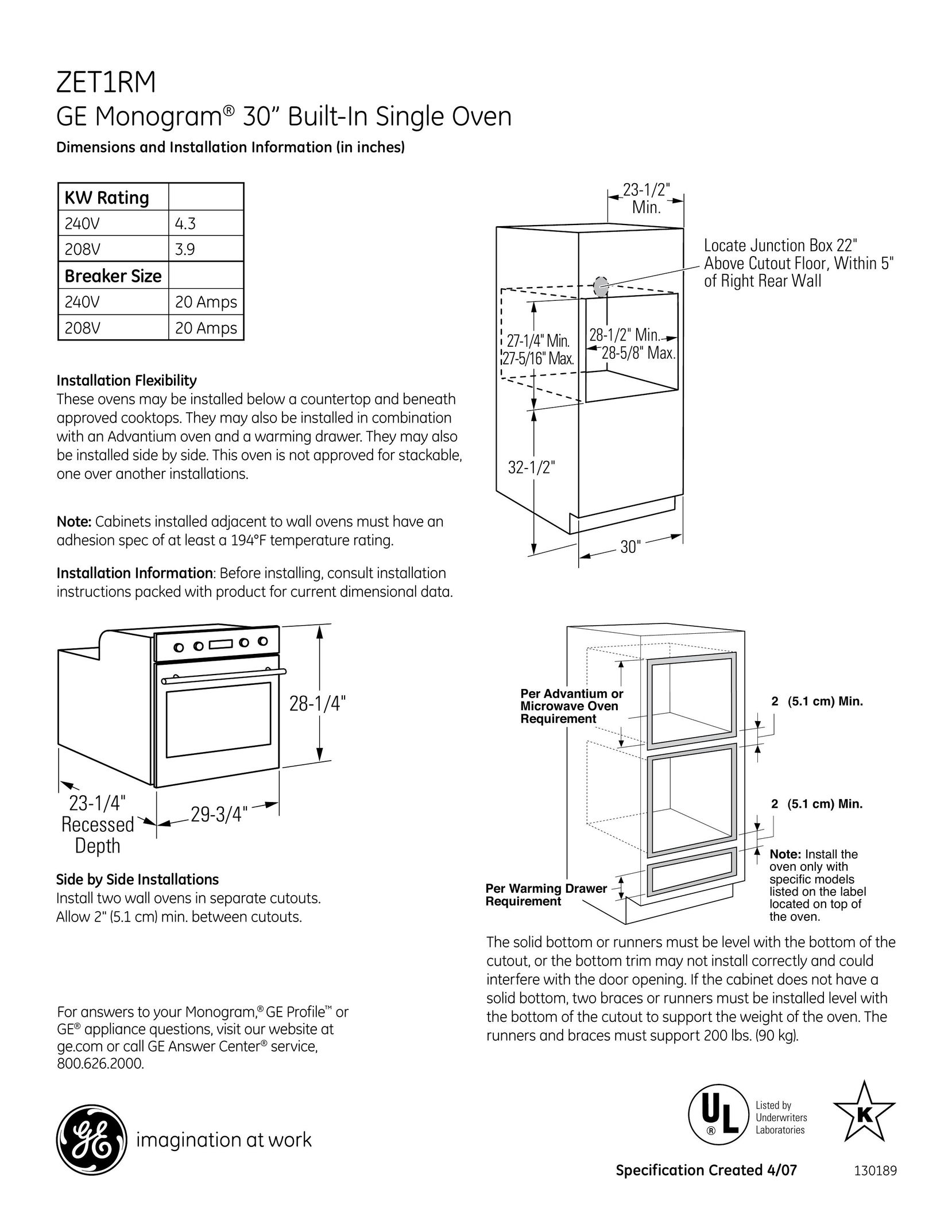 GE Monogram ZET1RM Oven User Manual