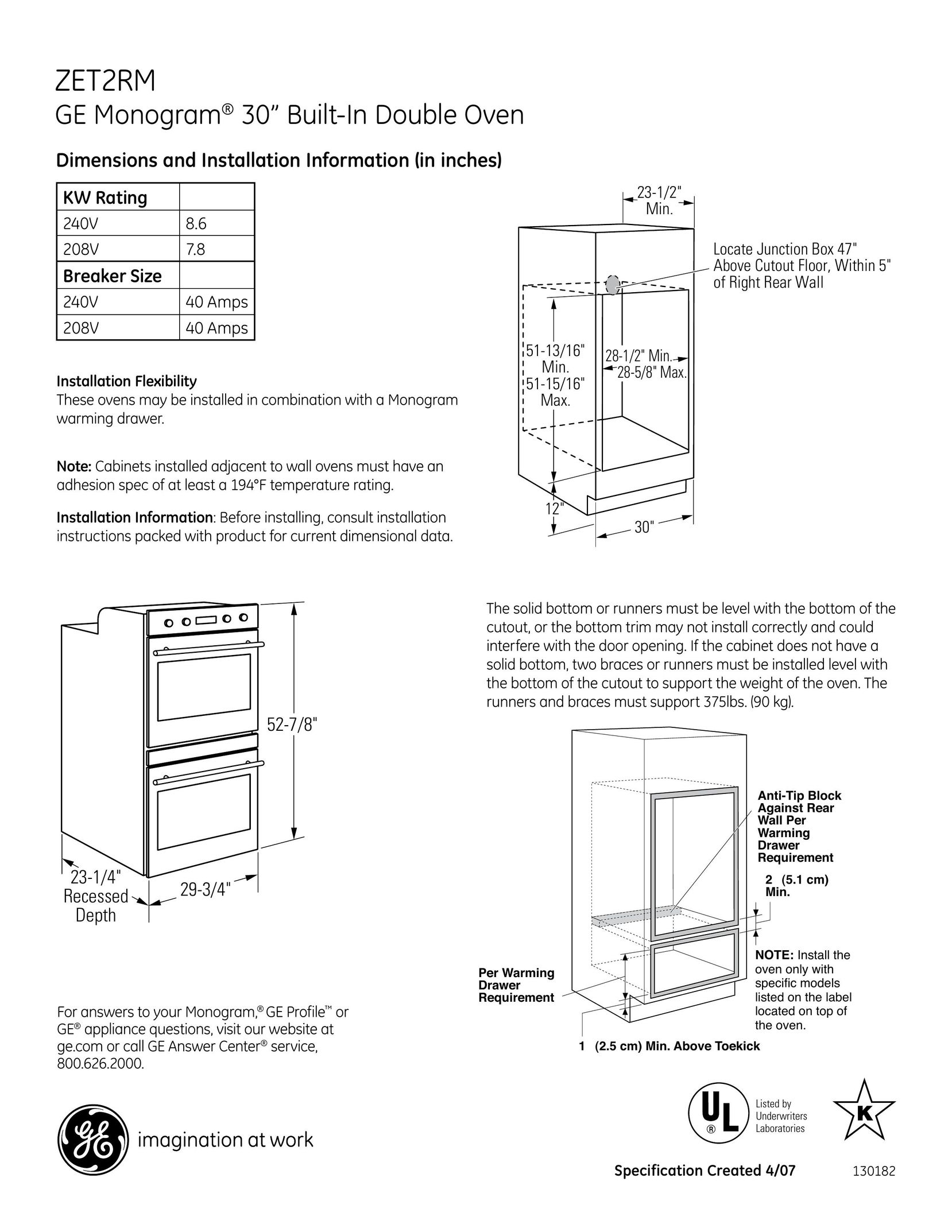 GE Monogram ZET2RM Oven User Manual